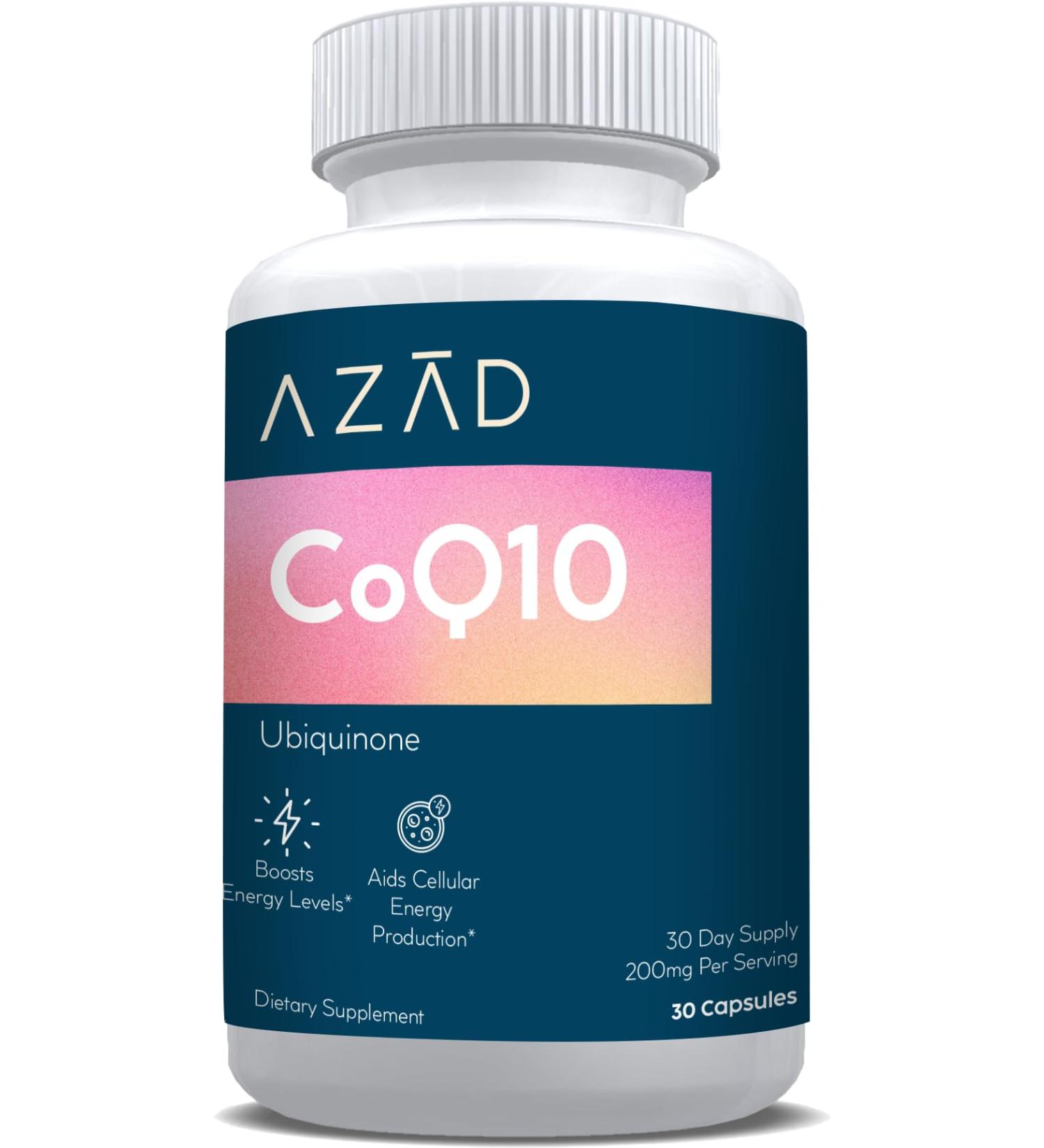 Azad CoQ10 200 mg Heart & Cellular Energy Support Vegan Ubiquinone Antioxidant Made in USA Non-GMO 30 Capsules - Third Party Tested - Buy Online on GoSupps.com