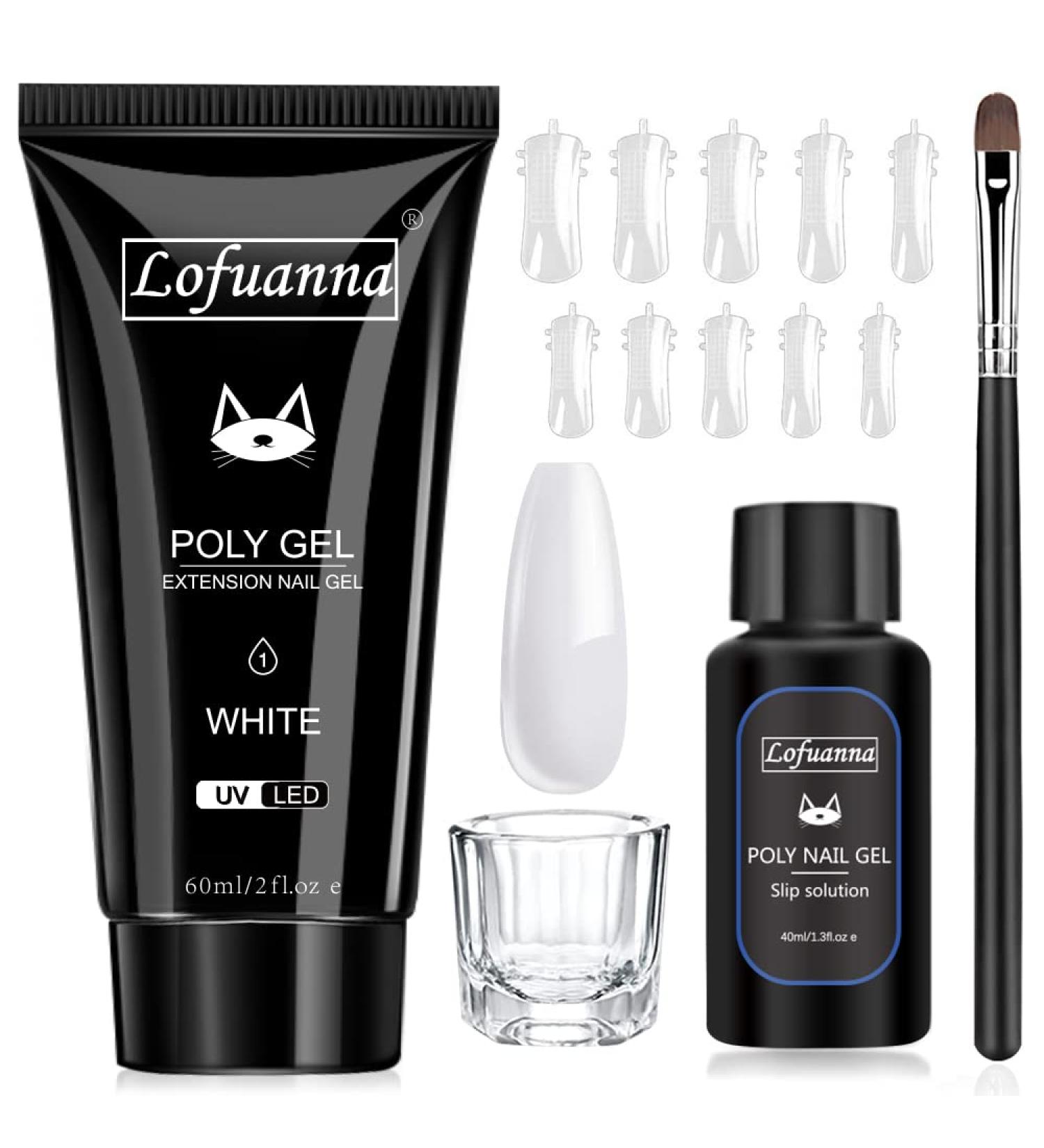 Lofuanna Poly Nail Gel Set - 60ml White Nail Extension Gel Kit with Slip Solution Nail Form Brush & Glass Cup - Perfect for Beginners & Nail Art Designs - Buy Online on GoSupps.com