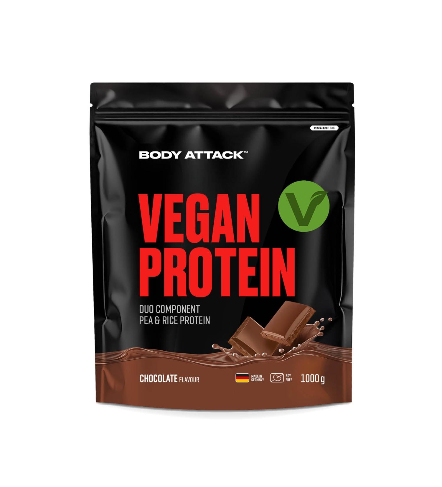  Body Attack Sports Nutrition Body Attack Vegan Protein Duo-Component 1000g Chocolate Vegan Protein from Two Sources 33 Servings Eco-Friendly Zip-Lock Pouch 9060mg EAA and 4650mg BCAAs - Buy Online on GoSupps.com