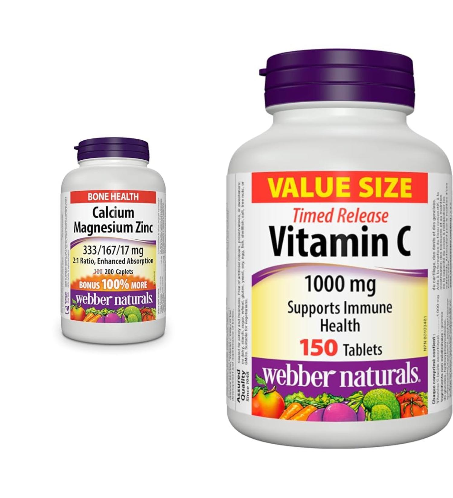 Webber Naturals Calcium with Magnesium and Zinc 200 Caplets Enhanced Absorption & Vitamin C Timed Release 1000 mg 150 Tablets For Bones Teeth Immune and Antioxidant Health - Buy Online on GoSupps.com