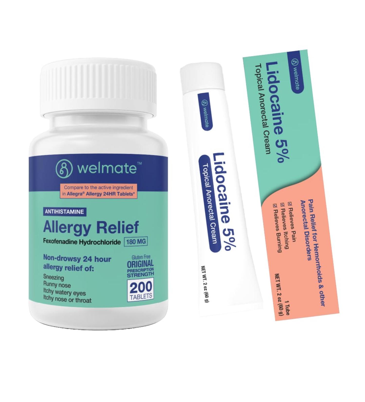 WELMATE Allergy Relief & Pain Soothing Kit: Fexofenadine HCl 180mg (200 Ct) & 5% Lidocaine Cream (2 Oz) - Buy Online on GoSupps.com