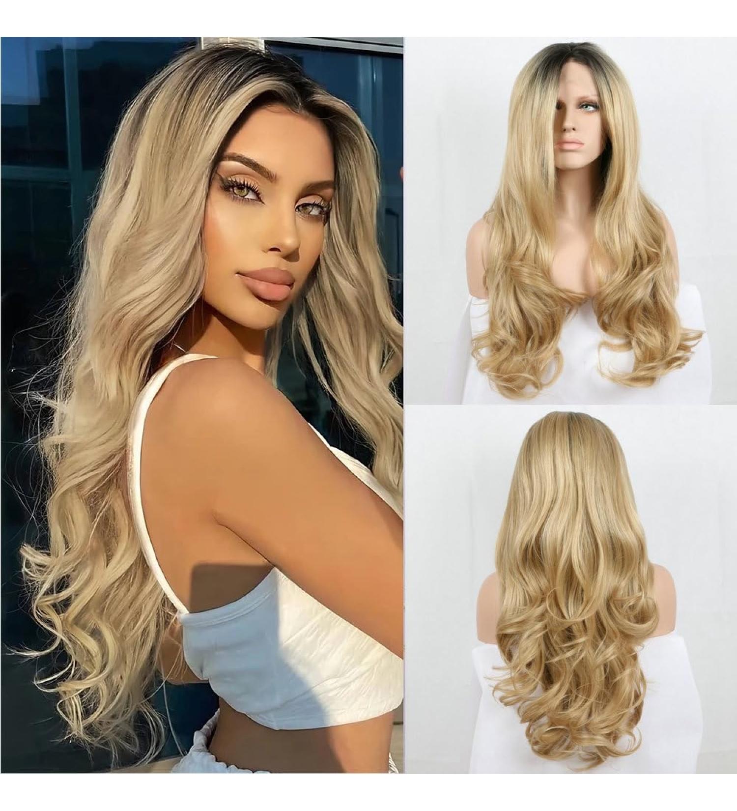 Blonde Ombre Wig with Dark Roots - Long Wavy Curl Synthetic Lace Front for Drag Queens & Cosplay - Buy Online on GoSupps.com