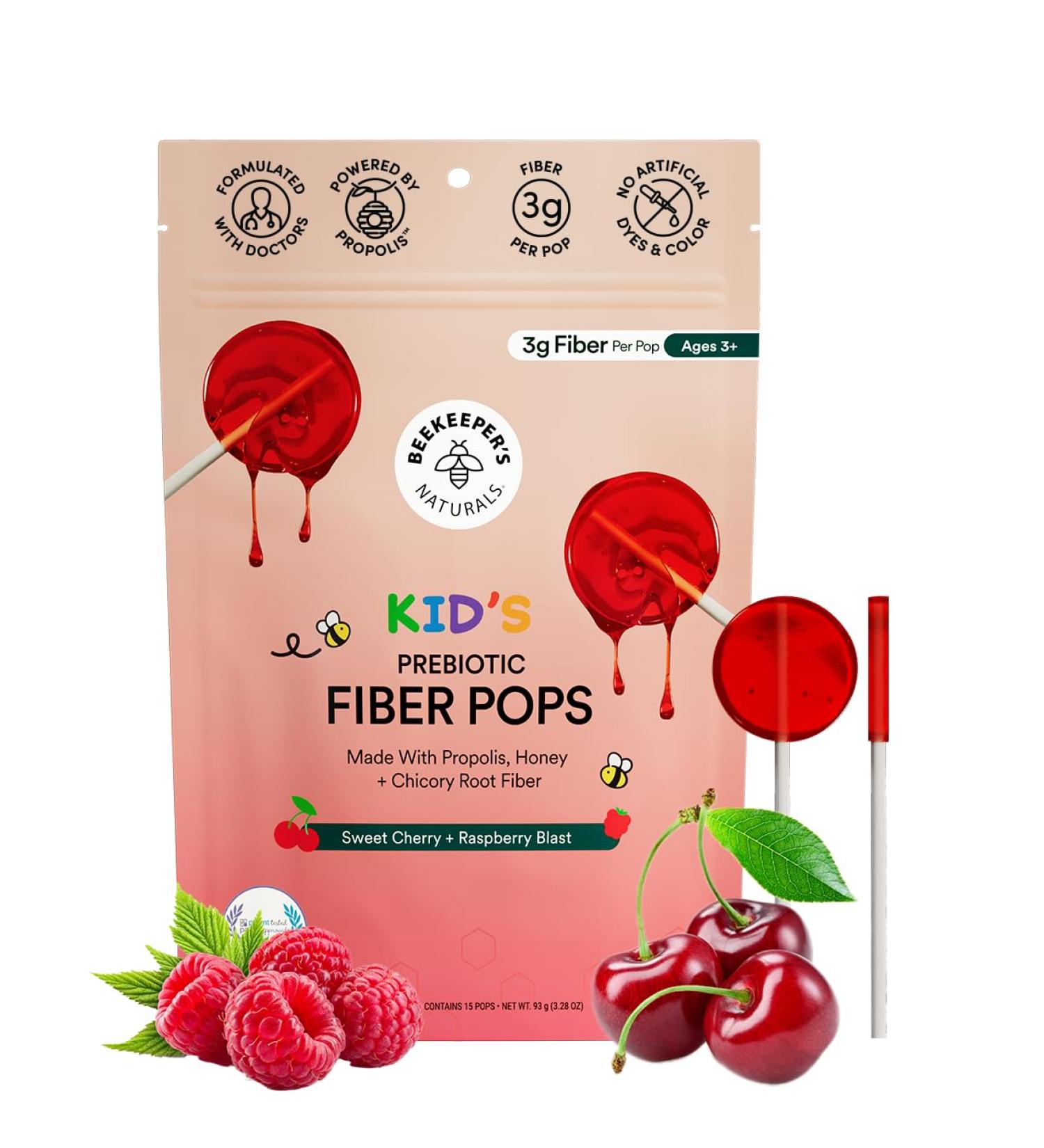 Kids Prebiotic Fiber Lollipops by Beekeeper's Naturals - Doctor Formulated Fiber Supplement Supports Digestive Regularity 3g of Fiber & Honey Raspberry Blast & Sweet Cherry Variety Pack 15 ct Fiber Lollipops (Raspberry  - Buy Online on GoSupps.com