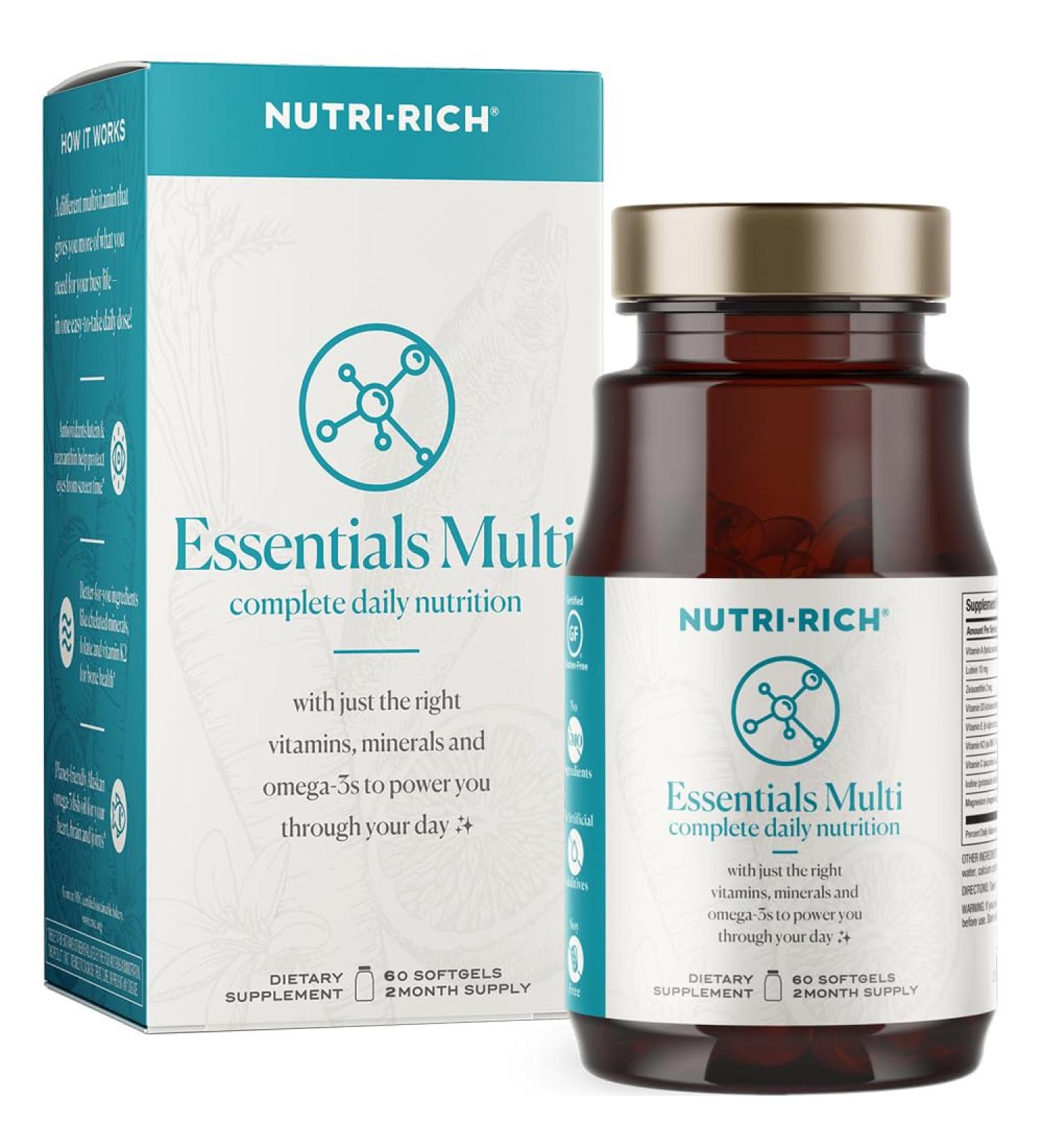 Nutri-Rich Essentials Multi | Multivitamin Supplement with Fish Oil Omega-3 for Men and Women Supports Energy Immune Health Vitamin A C D3 E K2 and Zinc Non-GMO Gluten Free (60 Count) - Buy Online on GoSupps.com