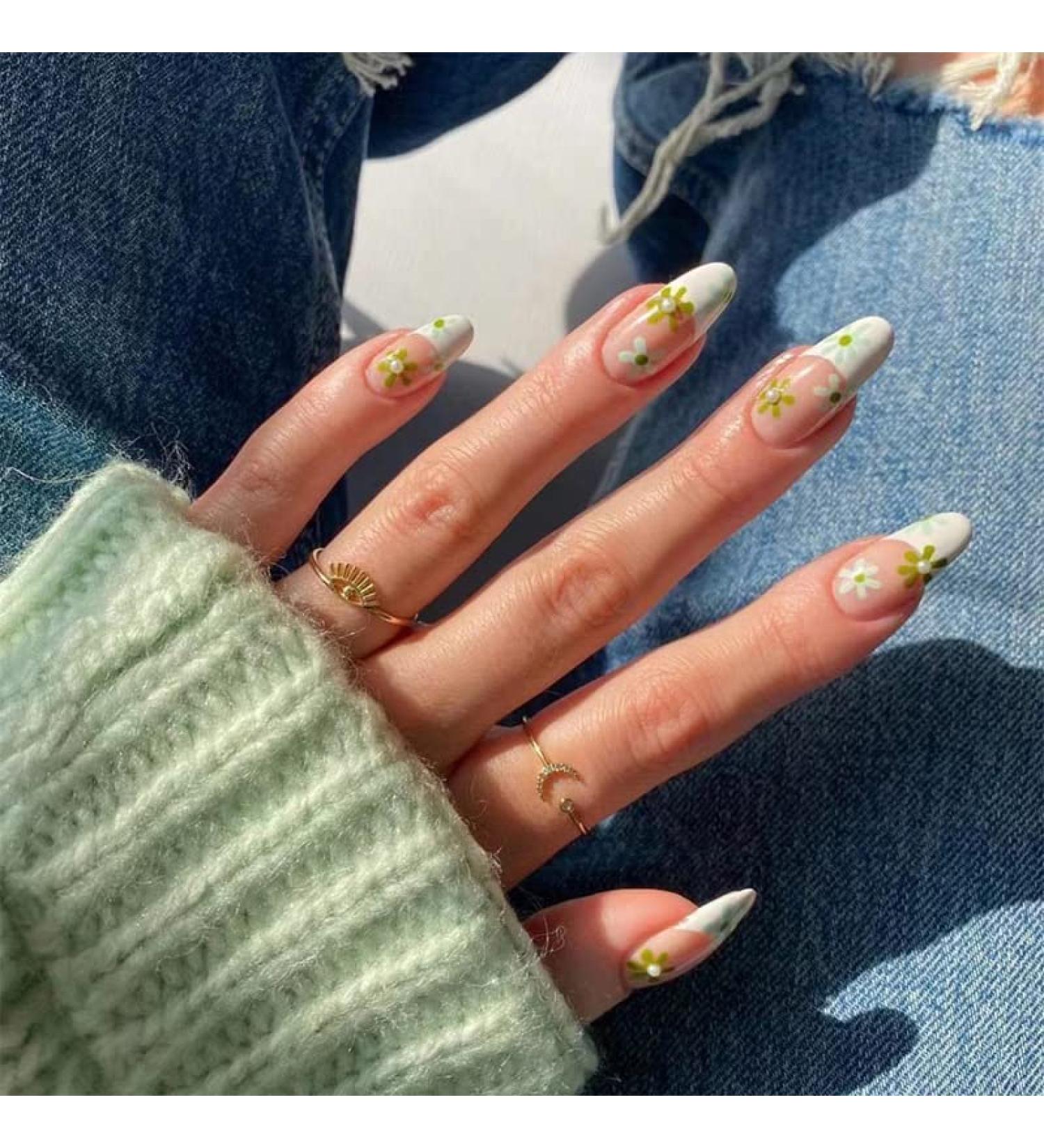 24PCS Medium Almond Glossy Flower Press On Nails - Green & White Spring Nail Decoration - Fake Nails with Glue - Women's Manicure - Buy Online on GoSupps.com