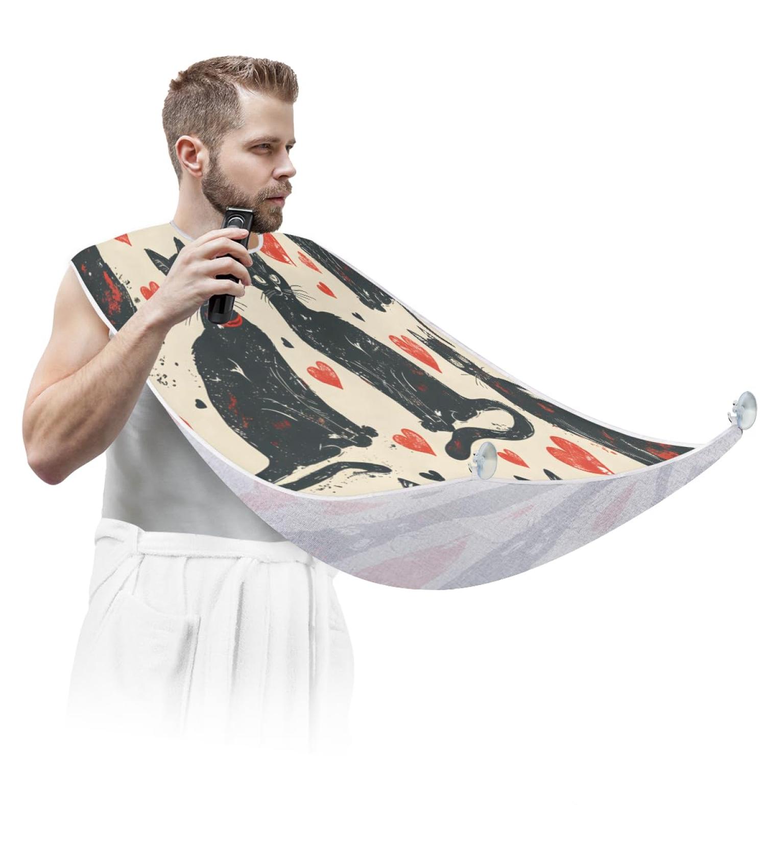 Beard Bib Apron - Beard Hair Catcher for Men | Perfect Father's Day & Christmas Gift | Black Cat Love Heart Design - Buy Online on GoSupps.com