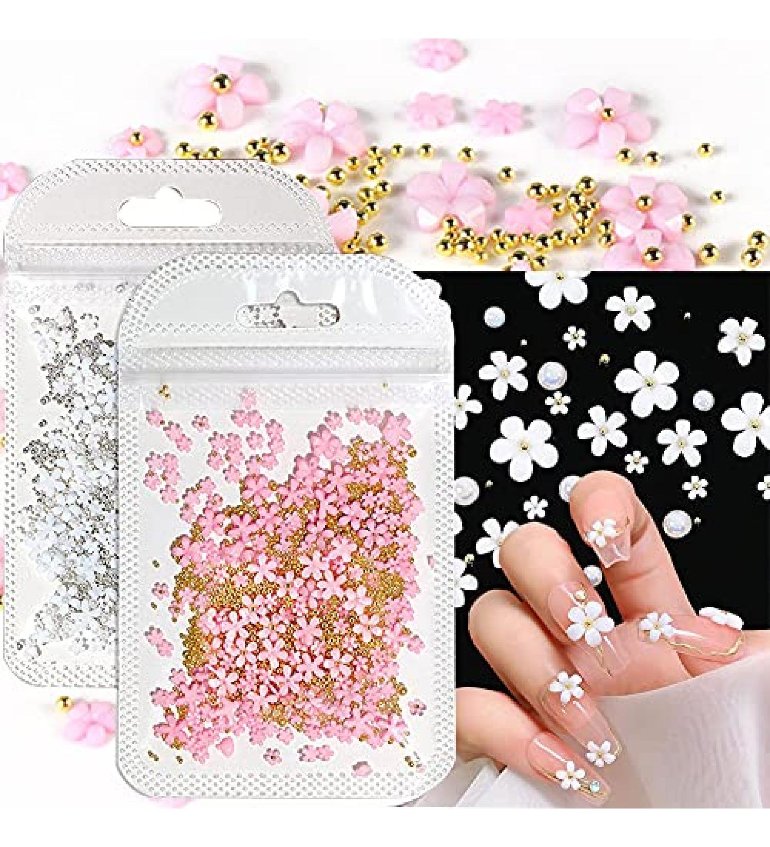 3D Flower Caviar Beads Nail Art Decals - White Pink Acrylic Charms with Pearl Beads for DIY Manicures - Buy Online on GoSupps.com
