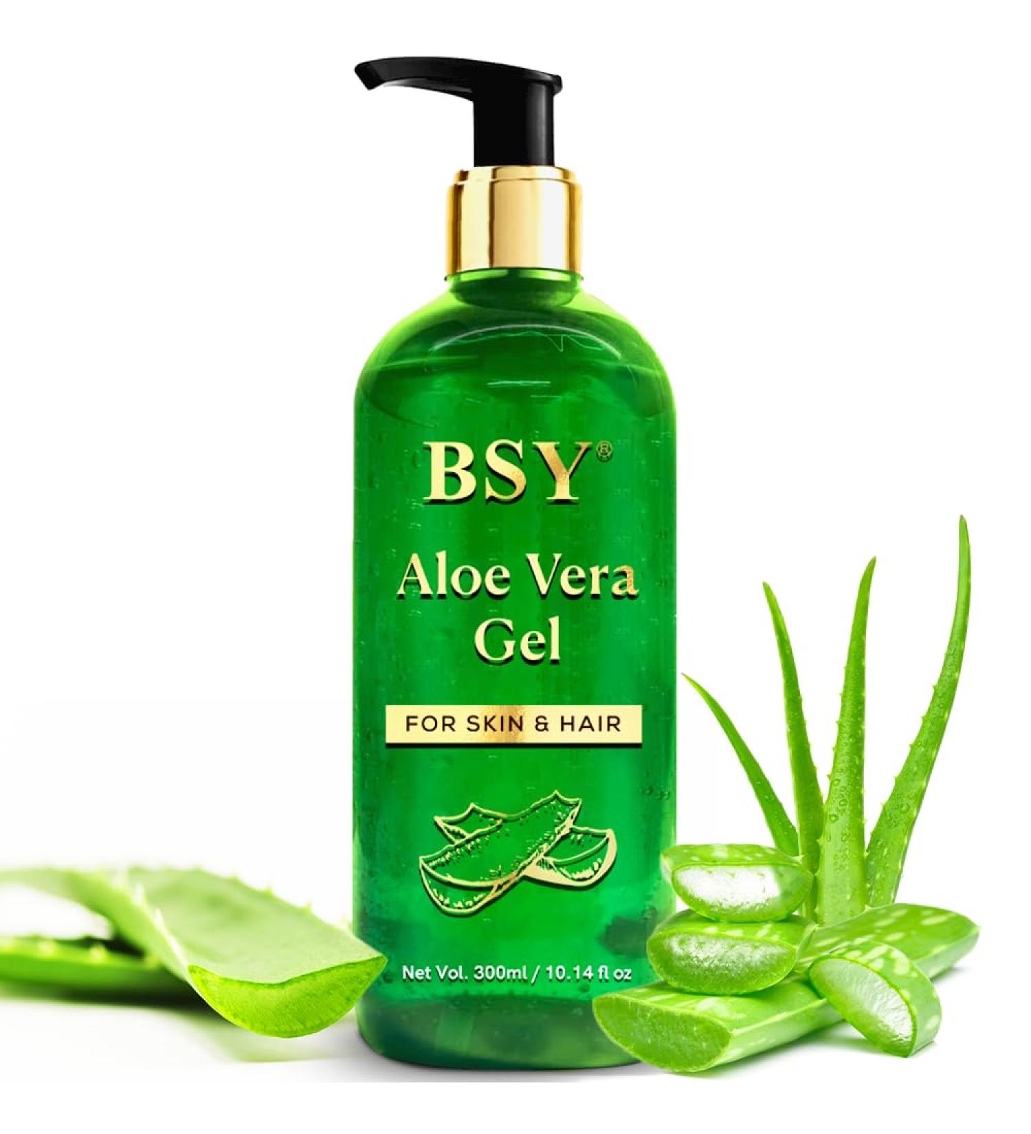 BSY Aloe Vera Gel - 300ml (10.1fl oz) | Pure Aloe Vera Gel for Face Skin and Hair | Non-Sticky Aloe Vera After Sun Gel - Moisturizing Cooling Soothing Hydrating and Lightweight for All Skin Types - Buy Online on GoSupps.com