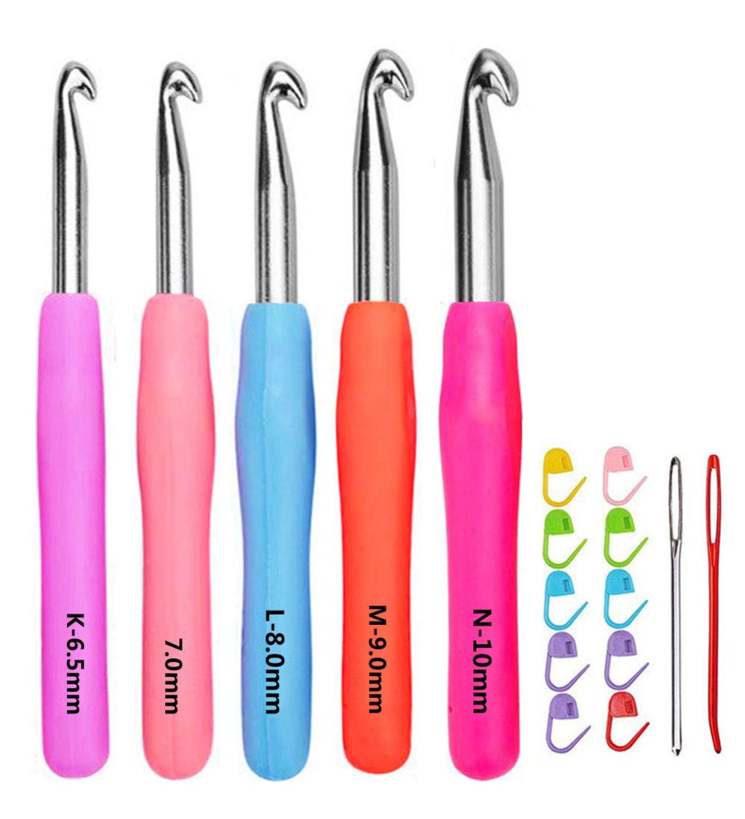 5-Piece Crochet Hooks Set with Ergonomic Grip Handles in Sizes 6.5mm, 7.0mm, 8.0mm, 9.0mm, 10.0mm - Aluminum Hooks Size K, L, M, N/P with Case - Buy Online on GoSupps.com