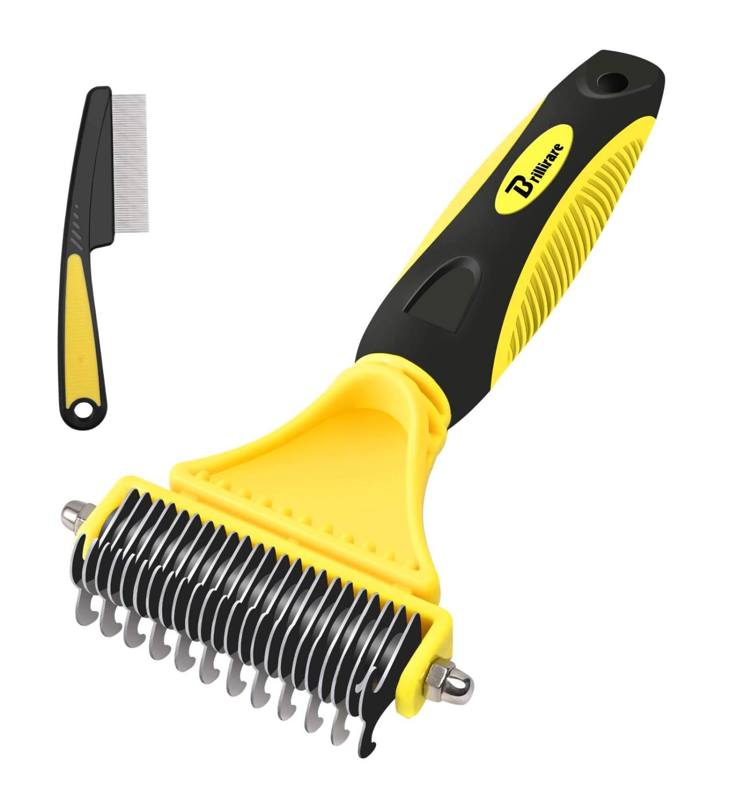 BRILLIRARE Dematting Tool + Free Stainless-Steel Comb | 2 Sided Pet Grooming Tool for Cats & Dogs - Undercoat Blade Rake for Deshedding & Removal of Mats/Tangles - Buy Online on GoSupps.com