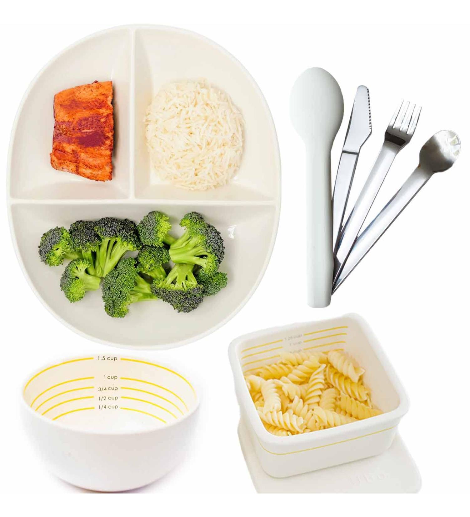 Set Di 3 Piatti E Ciotole Per Controllo Porzioni Bariatriche Con Posate In Acciaio Inox - Guida Per Proteine, Verdure E Carboidrati - Adatto A Dieta E Perdita Di Peso