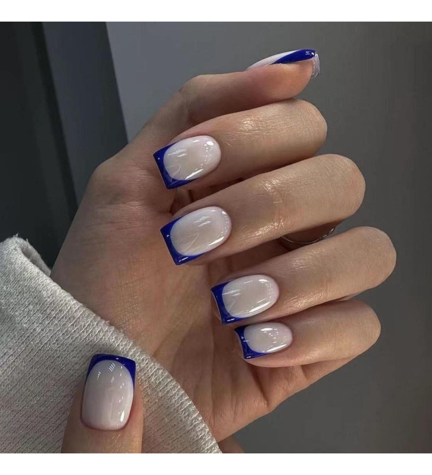 Mouyouglow Short Press On Nails - Square White & Cobalt Blue French Tips | Artificial Fingernails with Glue - Dark Blue Tip Design - Buy Online on GoSupps.com