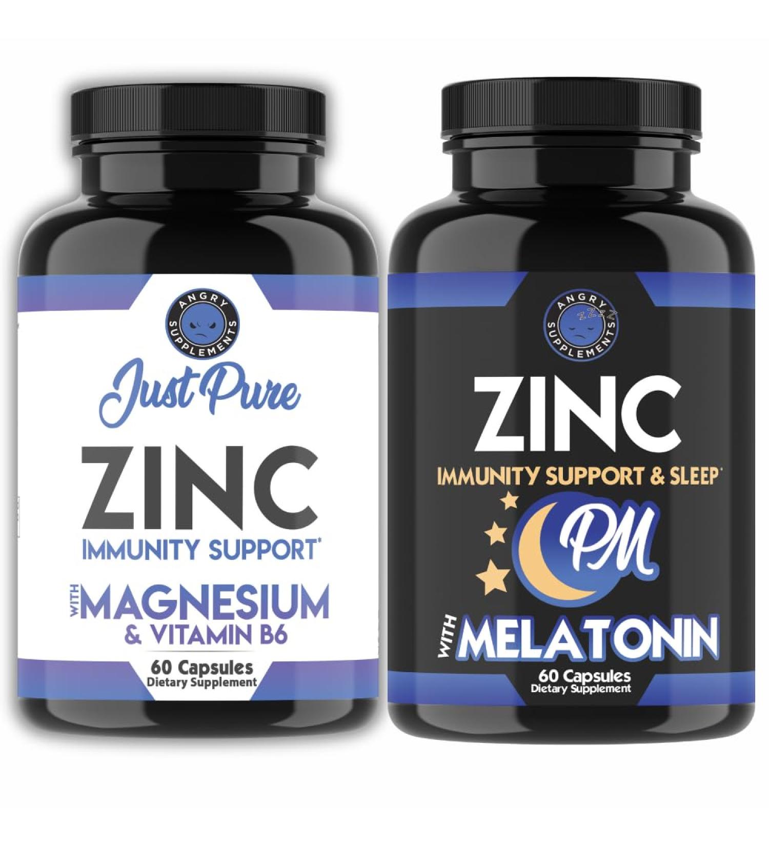 Just Pure Zinc Magnesium & Vitamin B6 for Daily Energy & Immunity + Zinc PM w. Melatonin for Nighttime Relaxation AM & PM Wellness Support 2-Pack Bundle 60ct Each - Buy Online on GoSupps.com