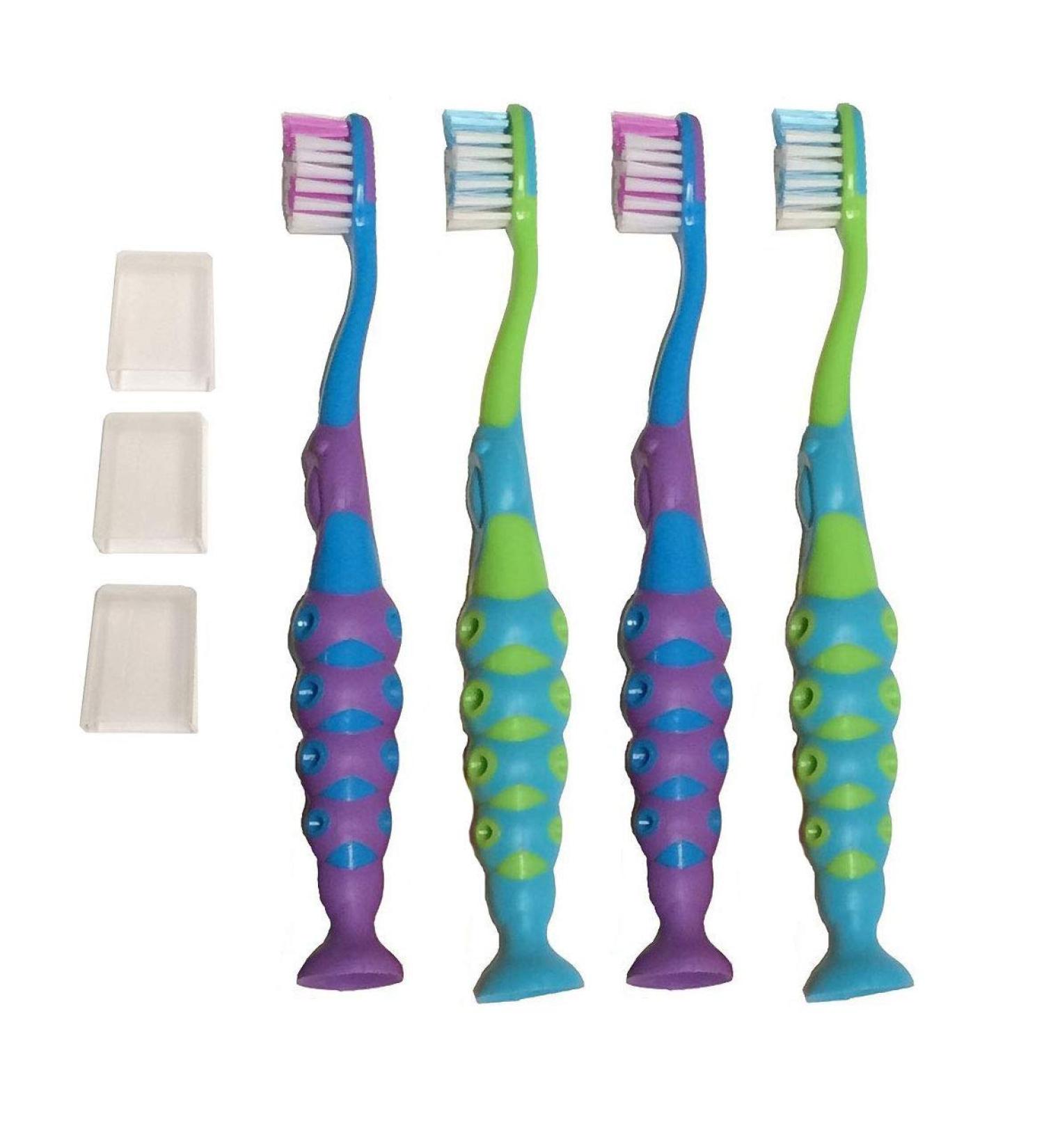 Kids 4-Pack Extra Soft Bristle Toothbrush Set with Suction Base and Travel Covers - Blue/Purple/Green - BPA Free | Toddler Boys Dental Care Kit - Buy Online on GoSupps.com