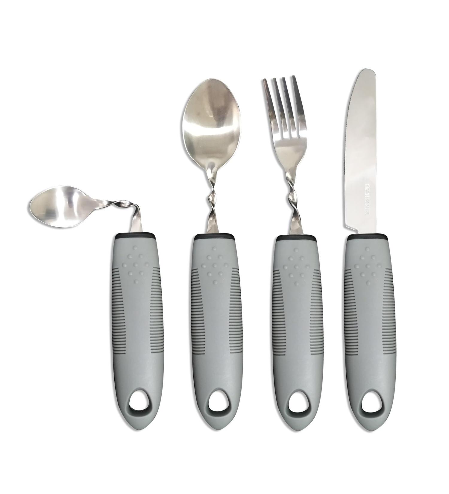 Extra Wide Bendable Cutlery Set with Chunky Handles - Easy Grip Dining Aid for Elderly and Disabled - Ideal for Arthritis, Parkinson's, and Tremors - Grey - Buy Online on GoSupps.com