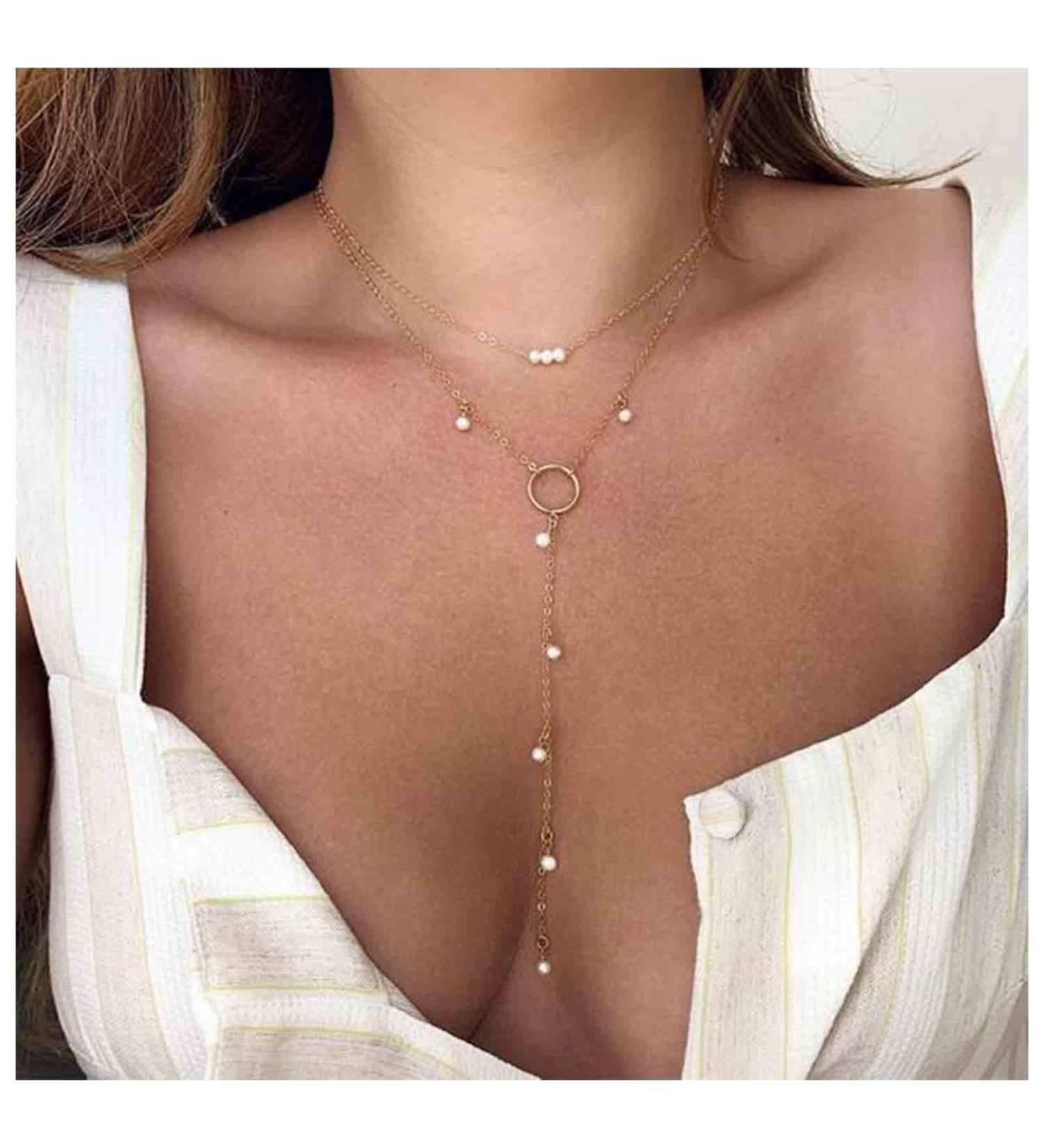 Boho Circle Pearl Lariat Necklace | Gold Long Chain & Tiny Pearl Choker | Unique Jewelry Gifts for Women & Girls - Buy Online on GoSupps.com