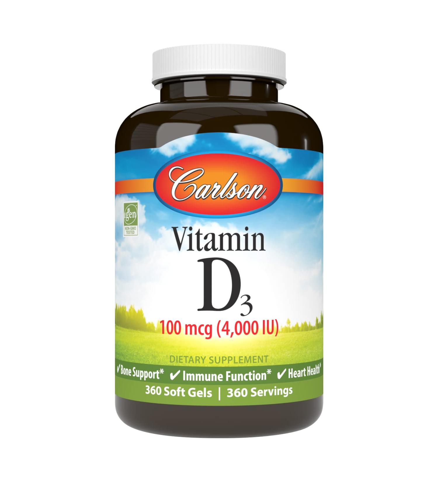 Carlson - Vitamin D3 4000 IU (100 mcg), Immune Support, Bone Health, Muscle Health, Cholecalciferol, Vitamin D Supplements, Vitamin D3 Soft Gels, 360 Softgels - Buy Online on GoSupps.com