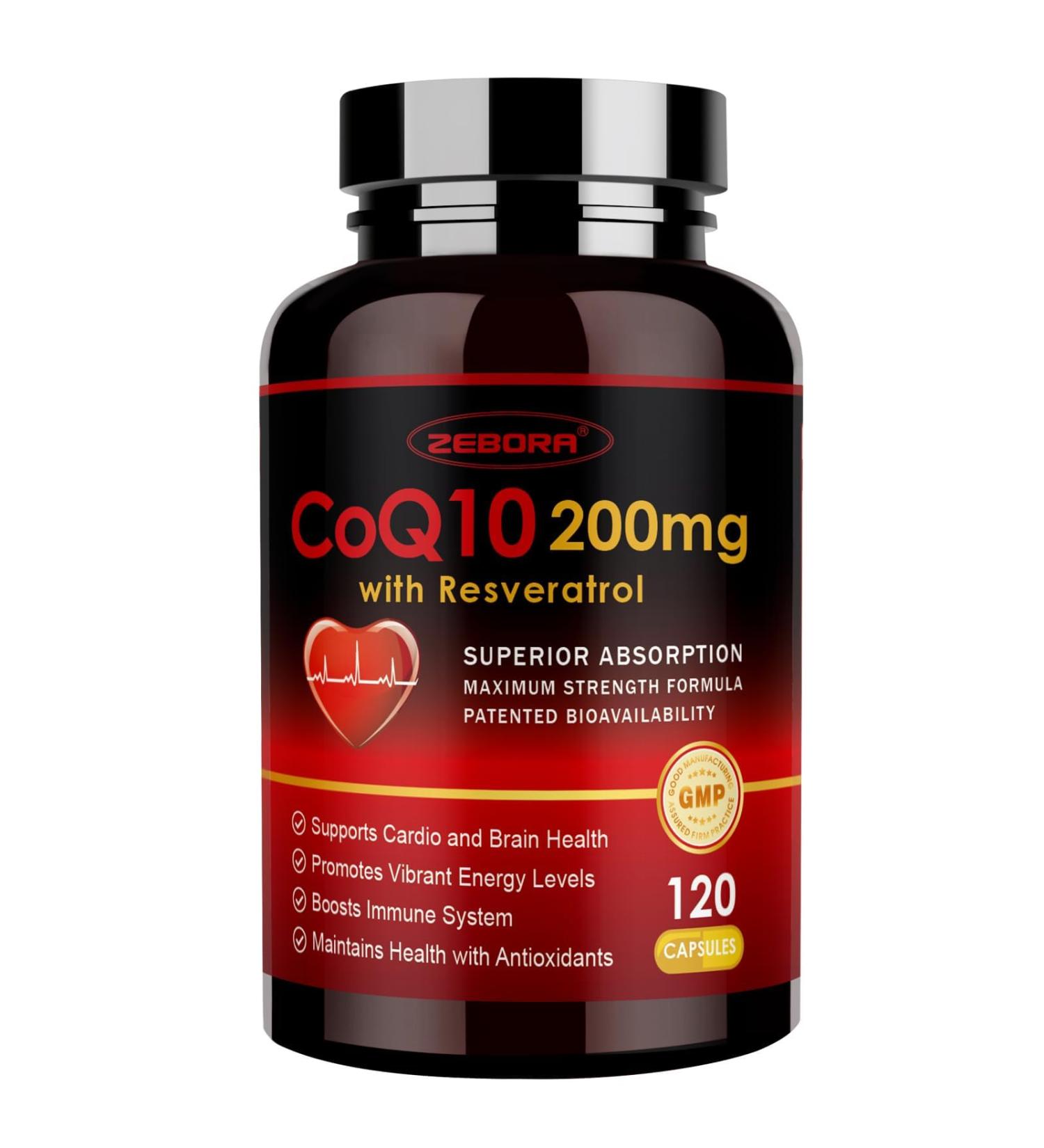 ZEBORA CoQ10-200mg with Trans-Resveratrol, PQQ & Vitamin E - High Absorption Coenzyme-Q10 with BioPerine - Powerful Antioxidant for Heart & Energy-Production,120 Veggie Capsules 120 Count (Pack of 1) - Buy Online on GoSupps.com