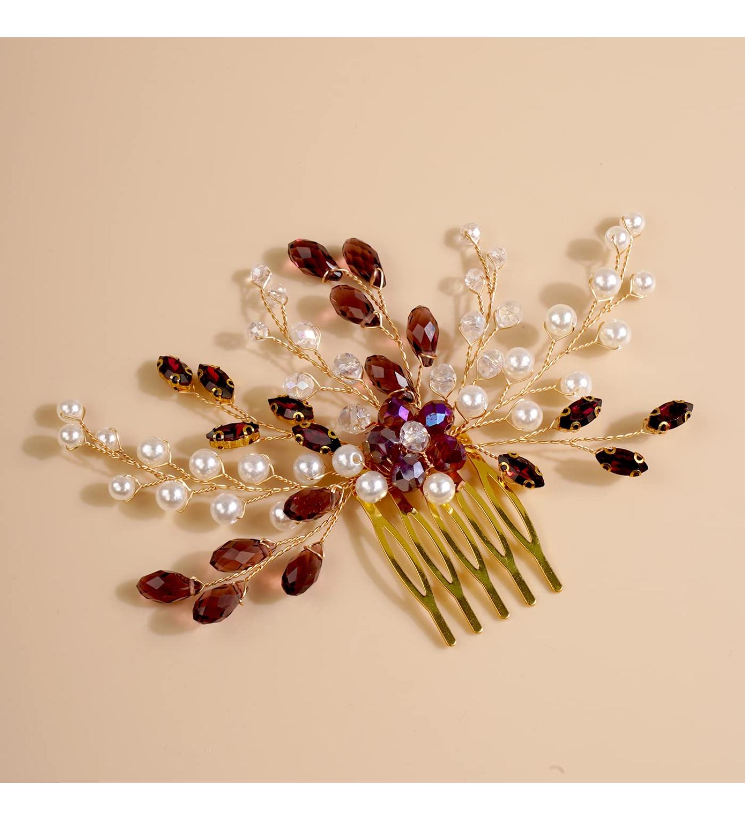 Kercisbeauty Dark Red Burgundy Crystal Hair Piece for Brides Wedding Birdal Gold Hair Comb Handmade Hair Jewelry (Wine) - Buy Online on GoSupps.com