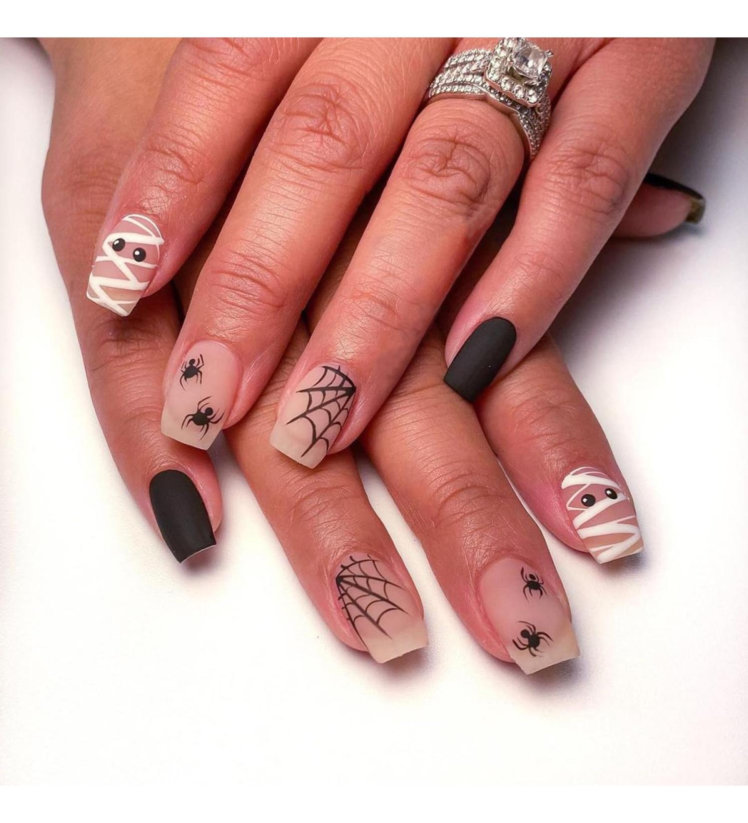 Black Halloween Press on Nails - Short Square Fake Nails with Spider Web Pattern | 24 Pcs Acrylic Glue Stick On Nails for Women - Buy Online on GoSupps.com