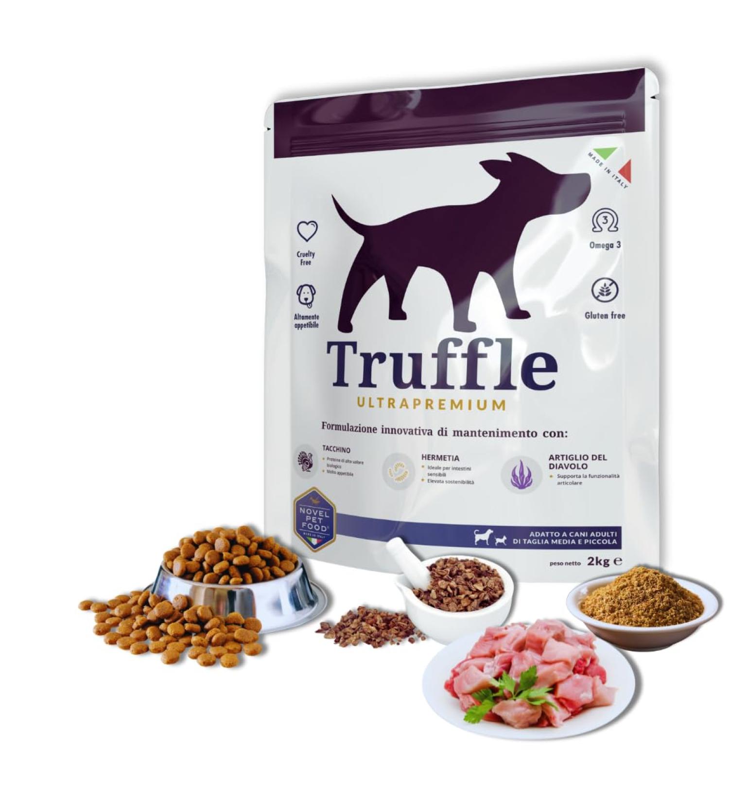 Novel Pet Food Truffle Ultrapremium Turkey Dry food for adult dogs gluten free with turkey hermetia proteins salmon oil 2 kg size - Buy Online on GoSupps.com