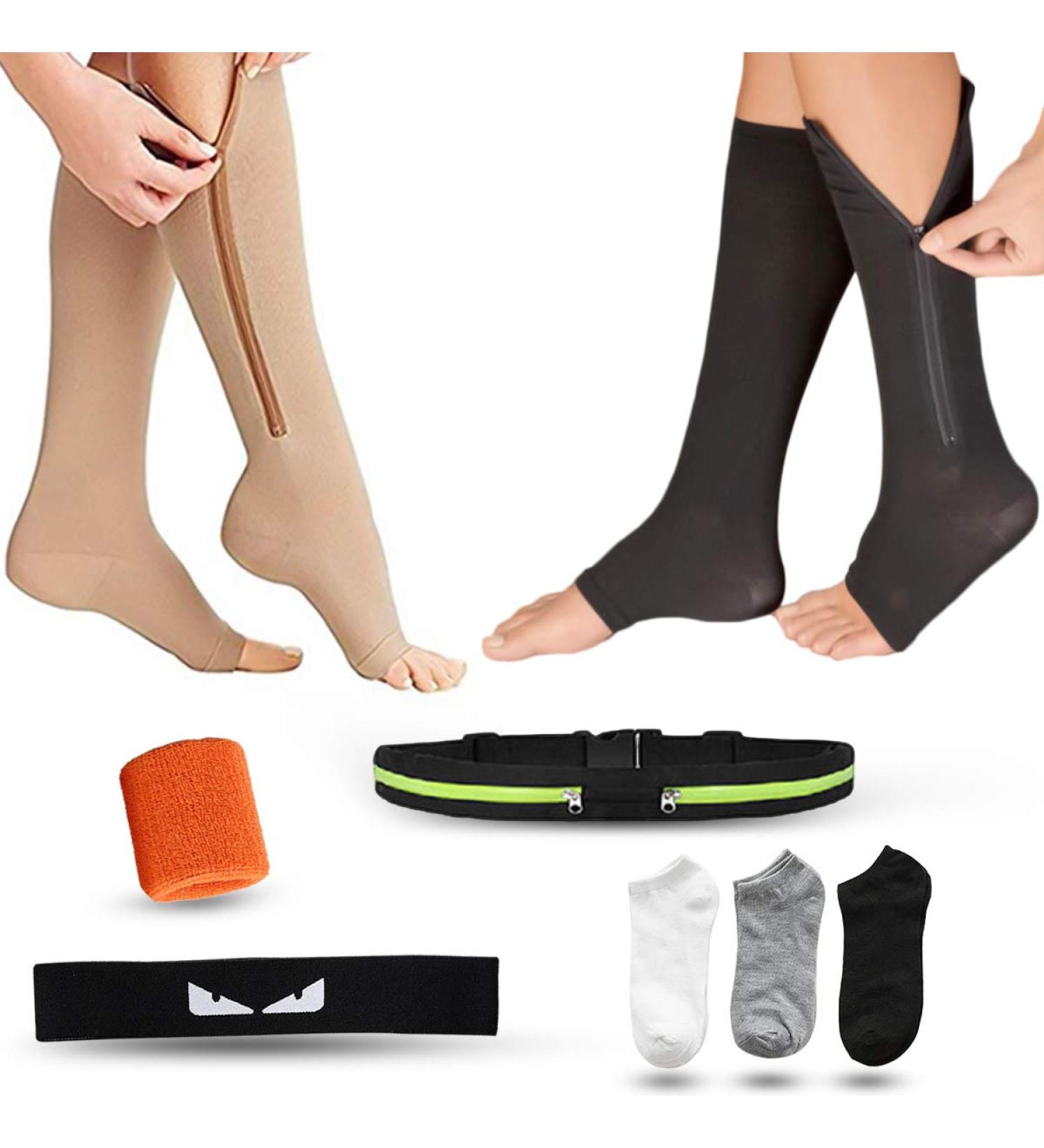 Buy Knee High Compression Stockings with Zipper & Pocket Belt - 2 Pairs XXL for Varicose Veins Edema & Outdoor Sports - Buy Online on GoSupps.com