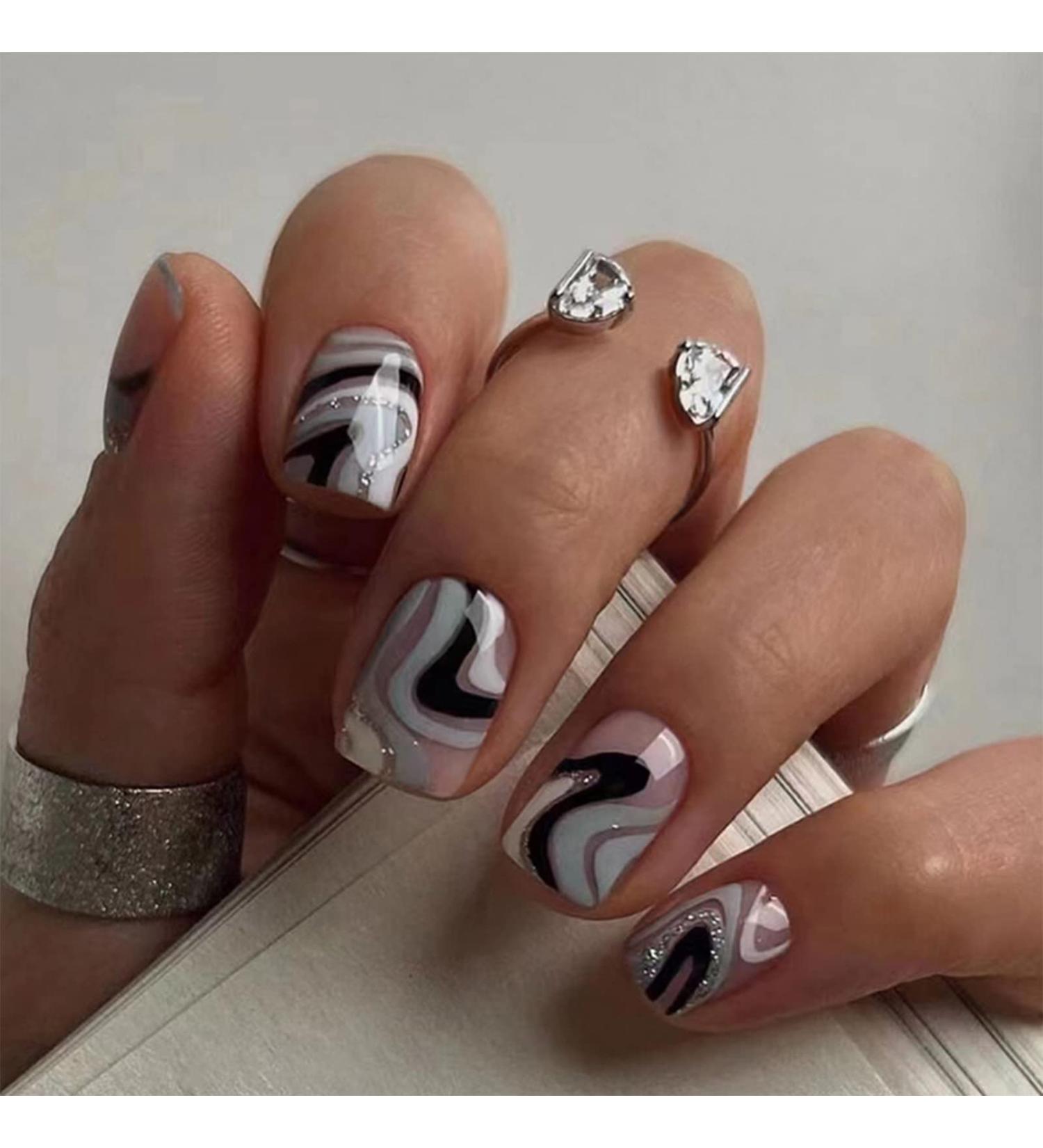 24pcs Short Massif Pattern False Nails | Stick on & Press on Removable Glue-on Nails - Nail Art Accessories for Women & Girls - Buy Online on GoSupps.com