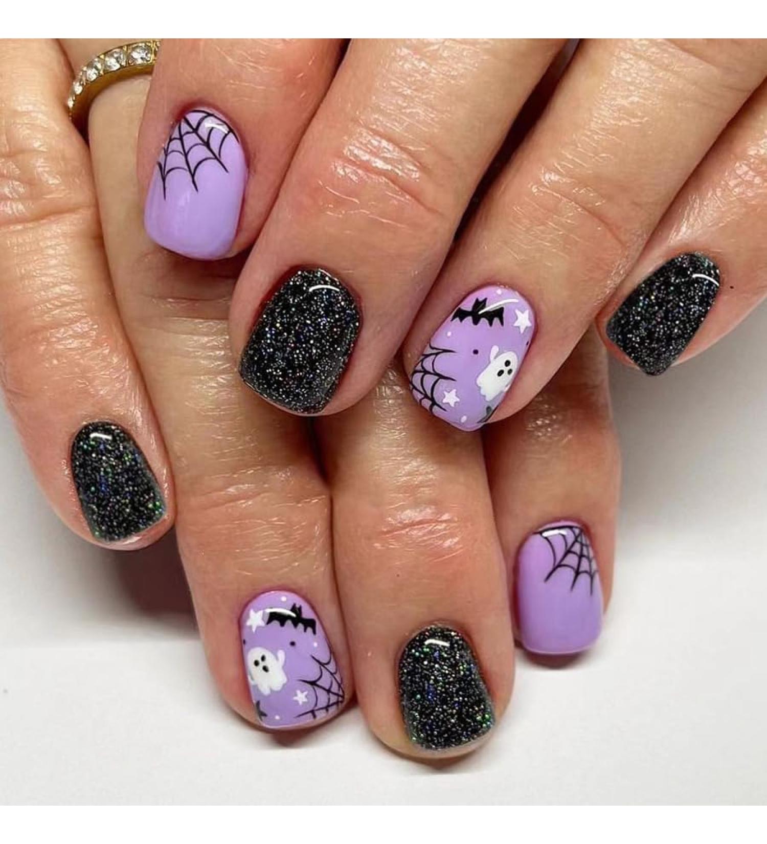 Buy Halloween Press on Nails - Short Square Black Glitter Fake Nails for Women & Girls | 24 Pcs Full Cover Nail Art Decoration - Buy Online on GoSupps.com