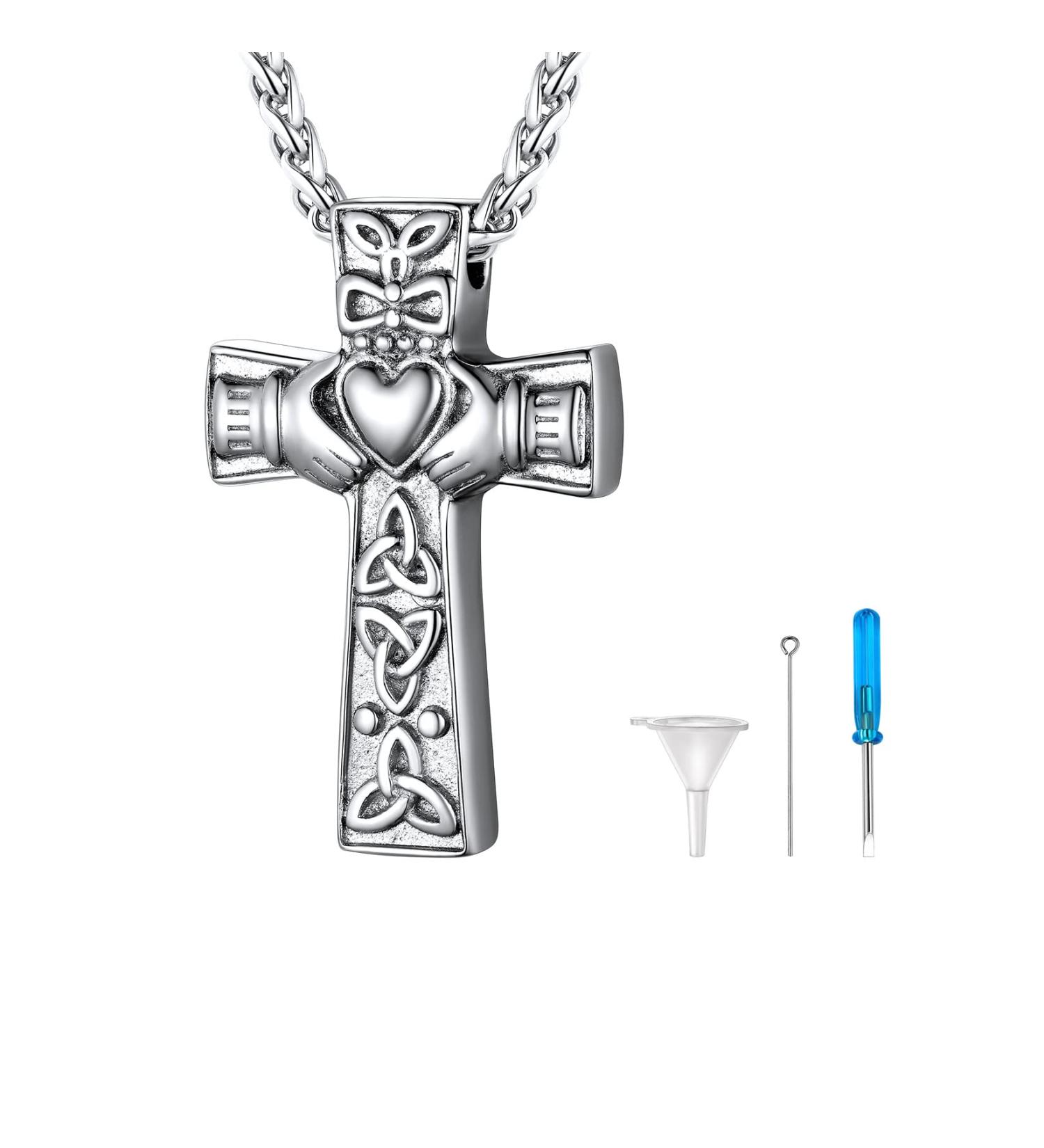 U7 Women's Cremation Urn Necklace - Celtic Knot Dog Feet Wings & Crucifix - Stainless Steel Cylinder Pendant - Fire Burial Jewelry - Buy Online on GoSupps.com