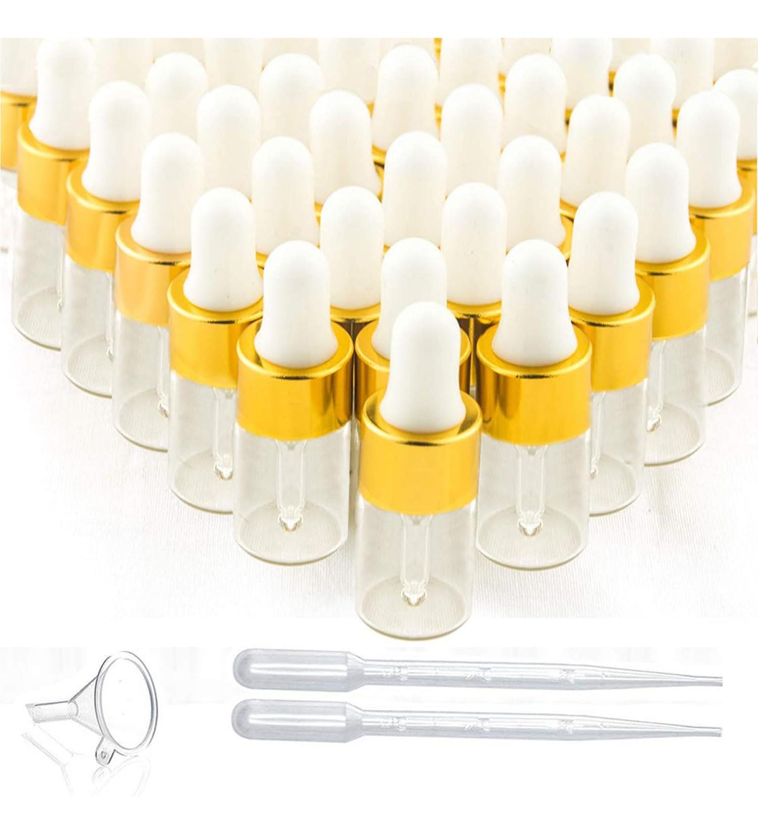 50 Pcs Mini Dropper Bottles Empty Glass Tincture Bottles with Golden Caps Perfume Sample Vials for Essential Oils&Body Oil&Liquids Traveling DIY Containers Included Pipette&Funnel (3ml) - Buy Online on GoSupps.com