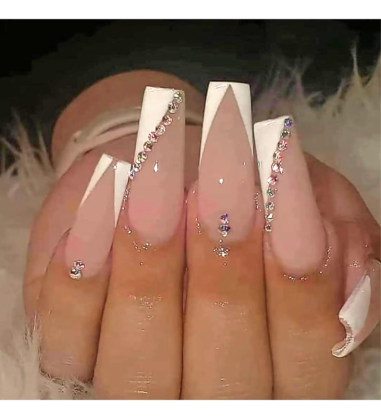 YOSOMK French Tip Press on Nails Long with Rhinestones - Pink & White Coffin Artificial Nails for Women - Buy Online on GoSupps.com