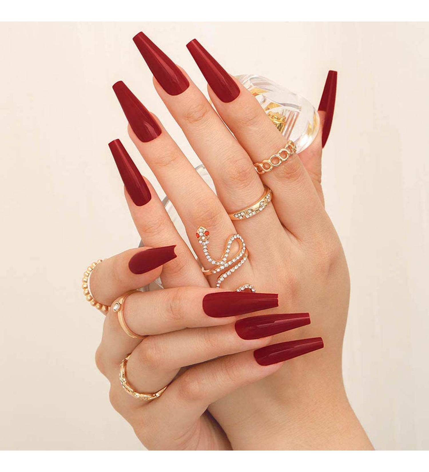 Bohend Long Coffin False Nails Shiny Ballerina Press On Nails (24 Pcs) for Women & Girls Perfect for Parties & Events (Wine) - Buy Online on GoSupps.com