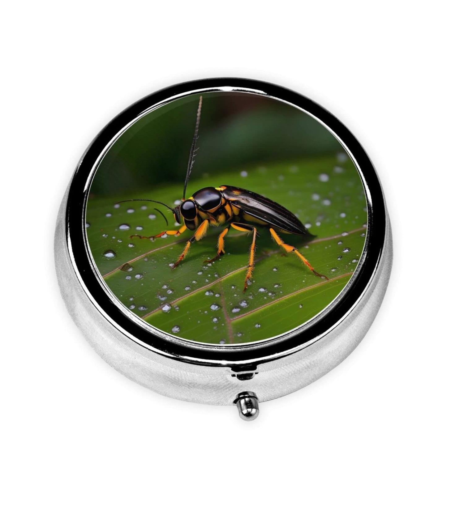 Portable 3-Compartment Round Pill Box Organizer | Insects on Leaves Design | Ideal for Purse & Pocket | International Shipping - Buy Online on GoSupps.com