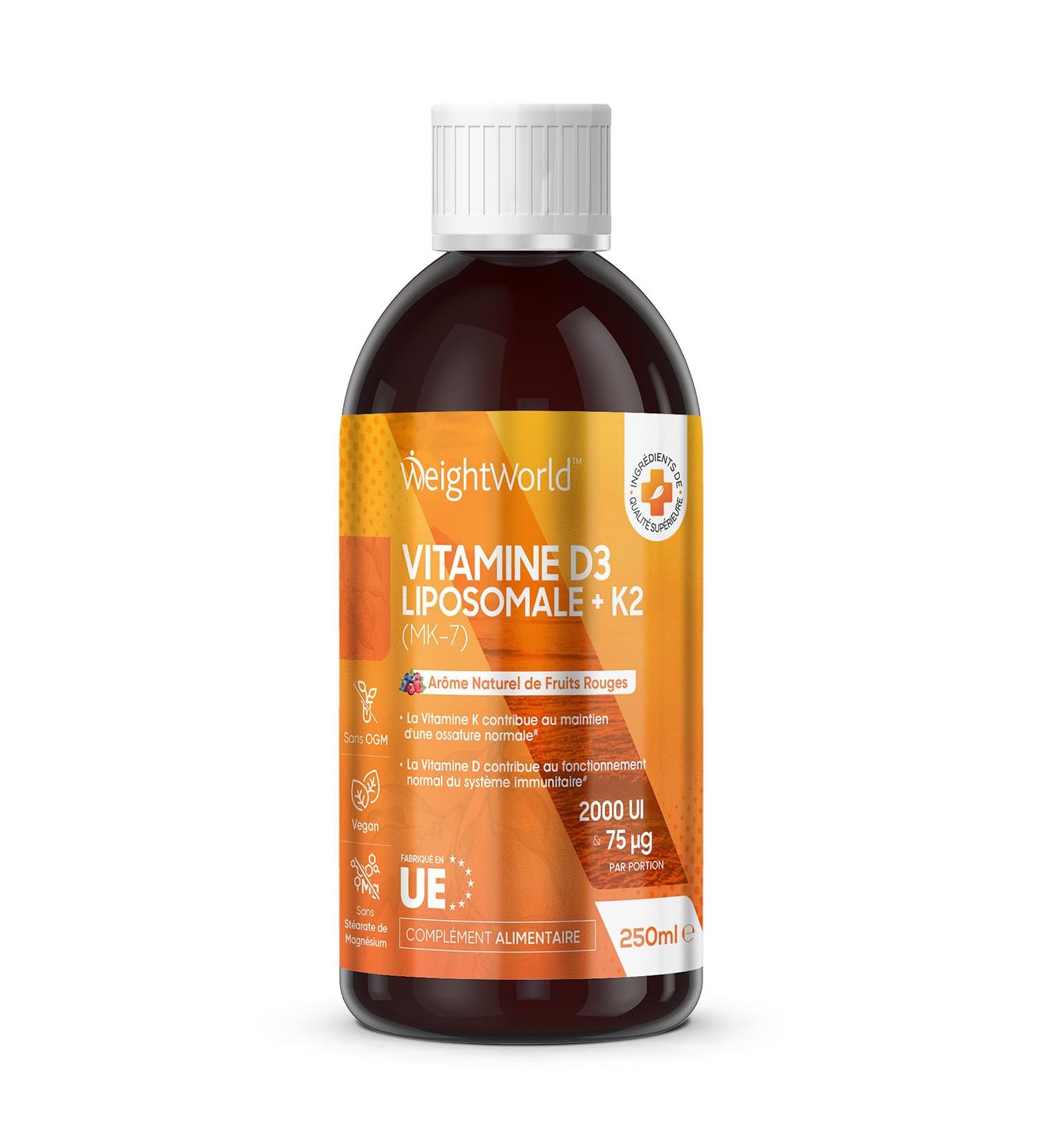 Vitamin D3 K2 - Liquid/Liposomal Syrup 250 ml - Vitamin D3 2000 IU (Cholecalciferol) + K2 MK7 75 g - Adult Winter Vitamin for Immune System (EFSA) - Natural Red Fruit Flavor - Buy Online on GoSupps.com