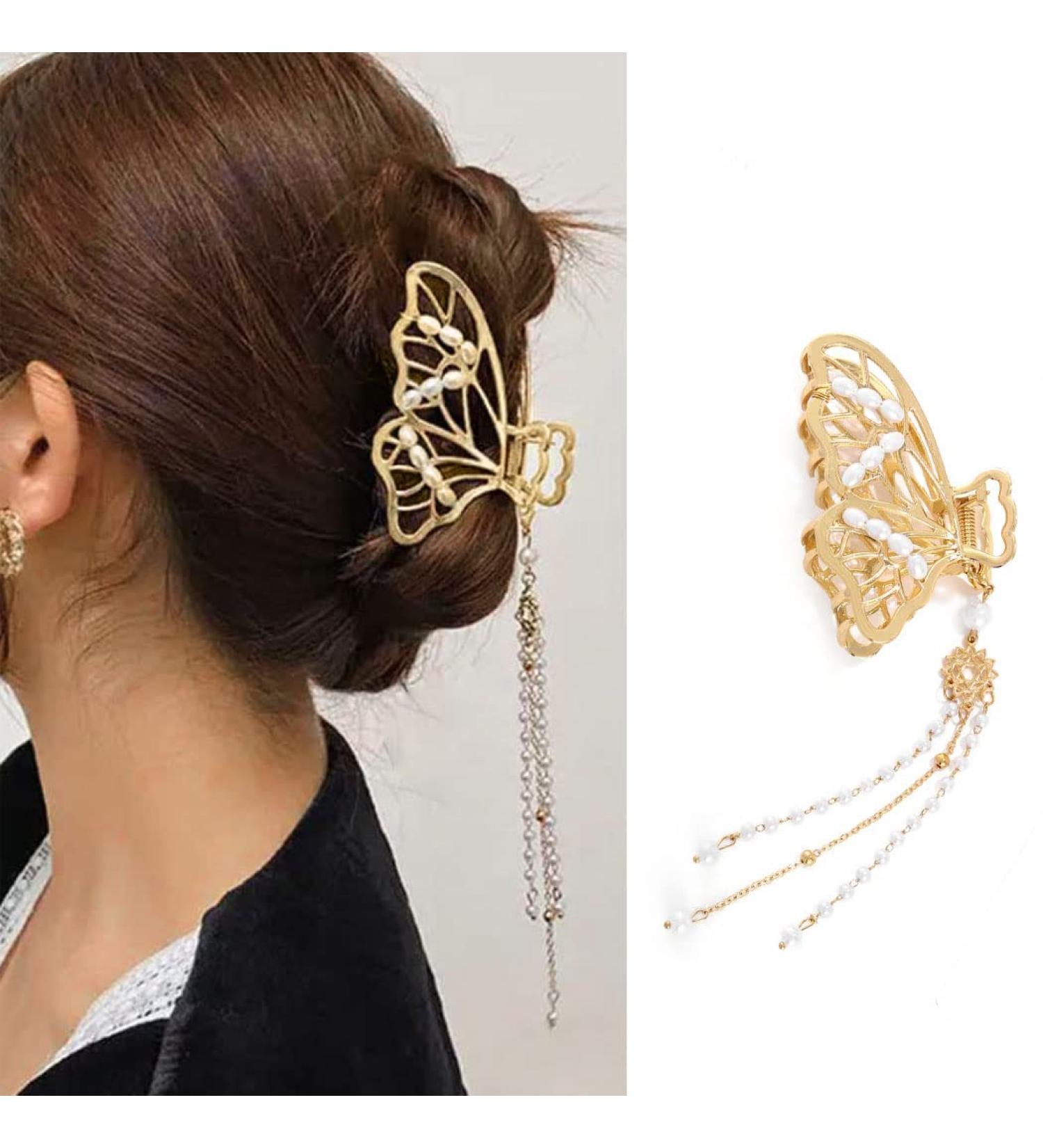 Bohend Pearl Hair Claw Bow Large Thick Hair Clip with Tassels | Stylish Hair Accessories for Women & Girls - Buy Online on GoSupps.com