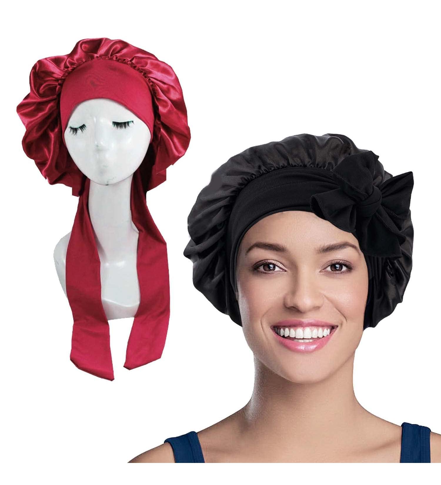 WUBAYI 2PCS Satin Bonnet Silk Bonnet Hair Wrap for Sleeping Hair Bonnet for Bath Tie Band for Women Long Curly Braid Hair Black Red - Buy Online on GoSupps.com