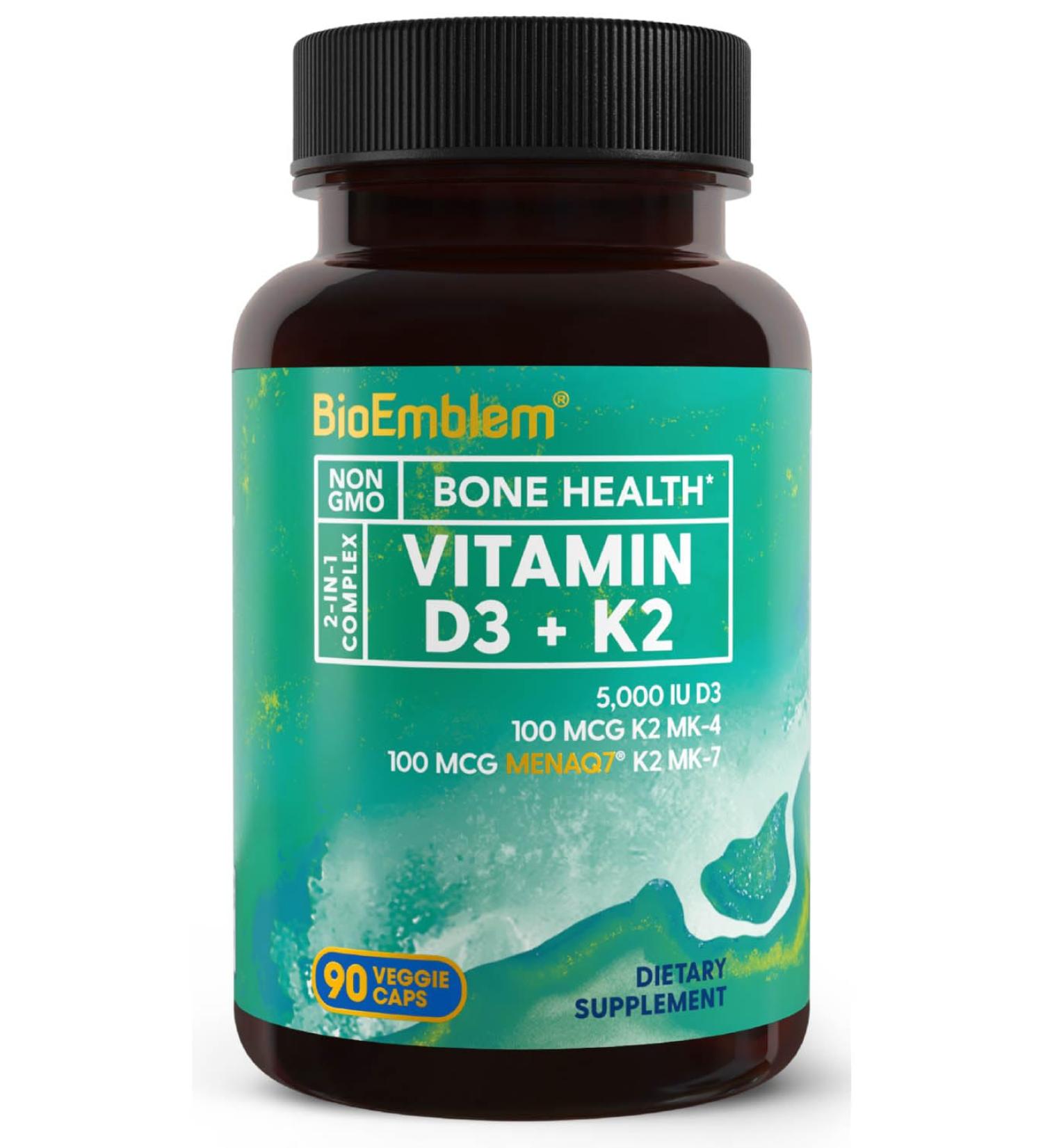 BioEmblem Vitamin D3 K2 Capsules (5000IU and 200mcg) - Patented MK7 and MK4 for 3-in-1 Complex Support - Vegetarian Vitamin D K2 Supplement for Teeth Heart Immune System - Non-GMO 90 Caps 90 Count (Pack of 1) - Buy Online on GoSupps.com