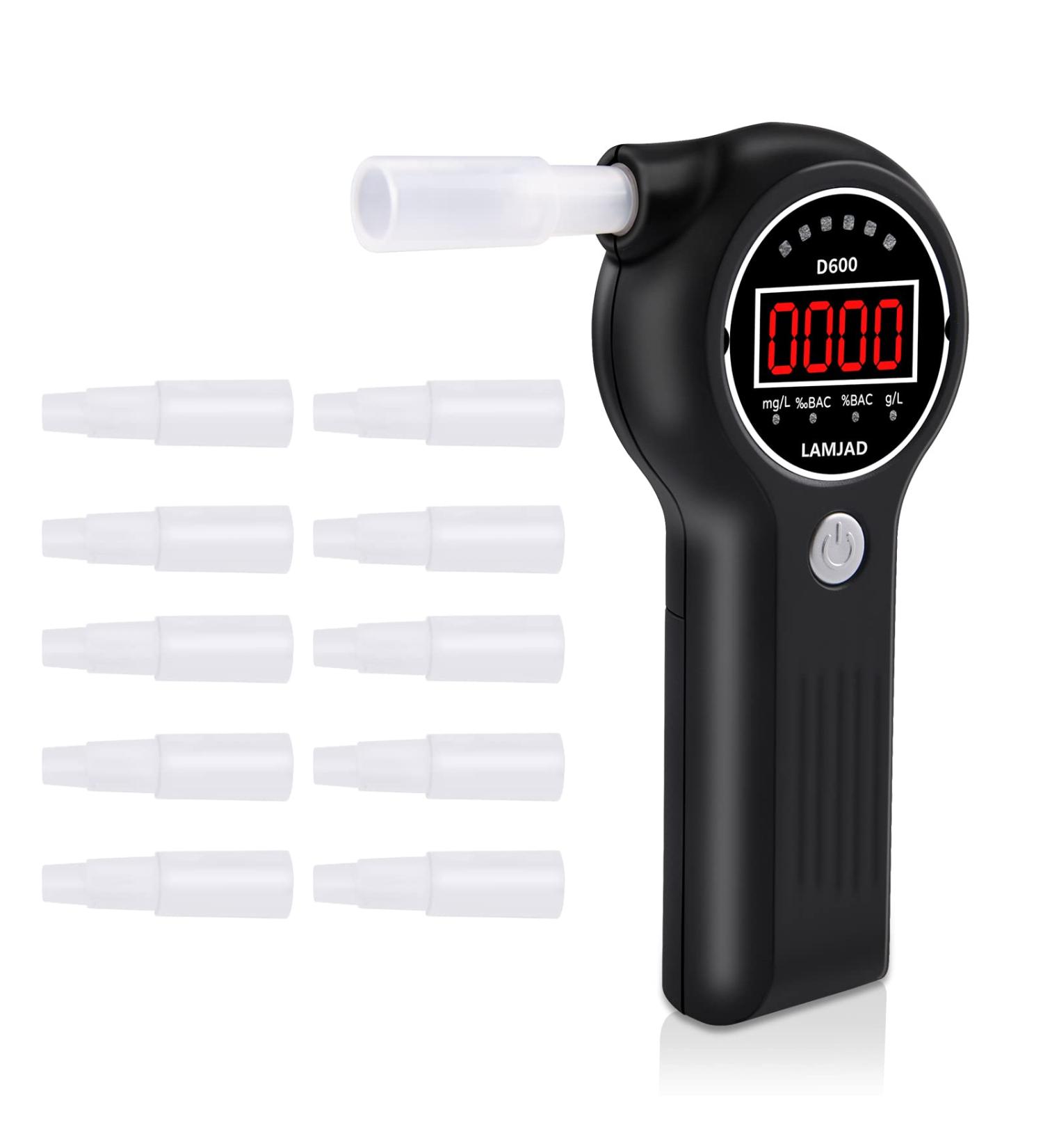 LAMJAD Breathalyser Alcohol Tester D600 with 10 Mouthpieces, Alarm Light, and LED Display - Portable for Personal & Professional Use - Buy Online on GoSupps.com