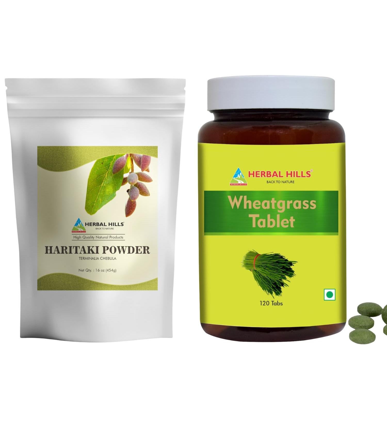 HERBAL HILLS Haritaki Fruit Powder and Wheat Grass Tablets Pack 2 Combo - Buy Online on GoSupps.com