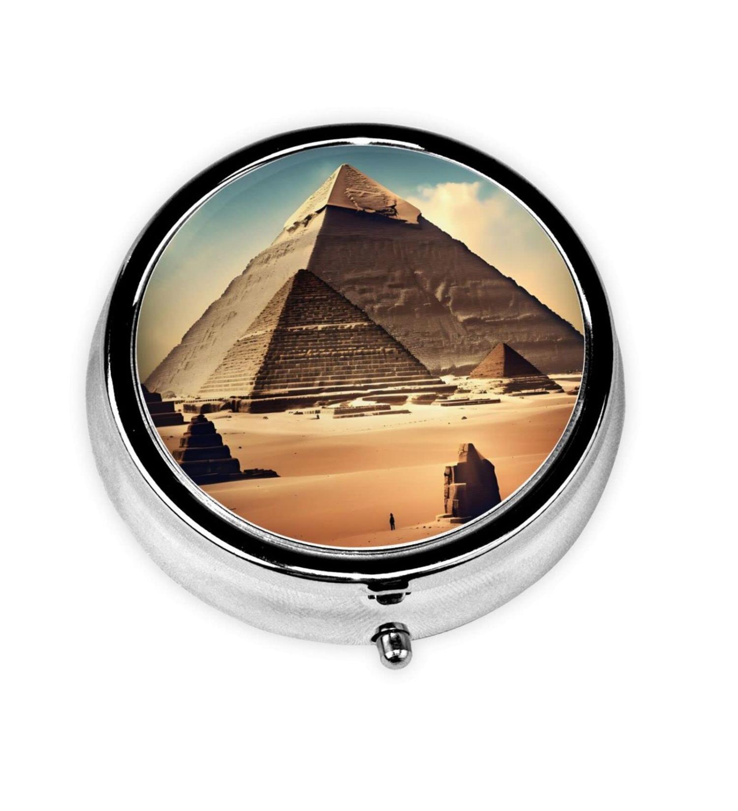 Round Pill Box Organizer - Pyramids of Khufu Design | 3 Compartment Travel Pill Case for Easy Medication Management - Buy Online on GoSupps.com