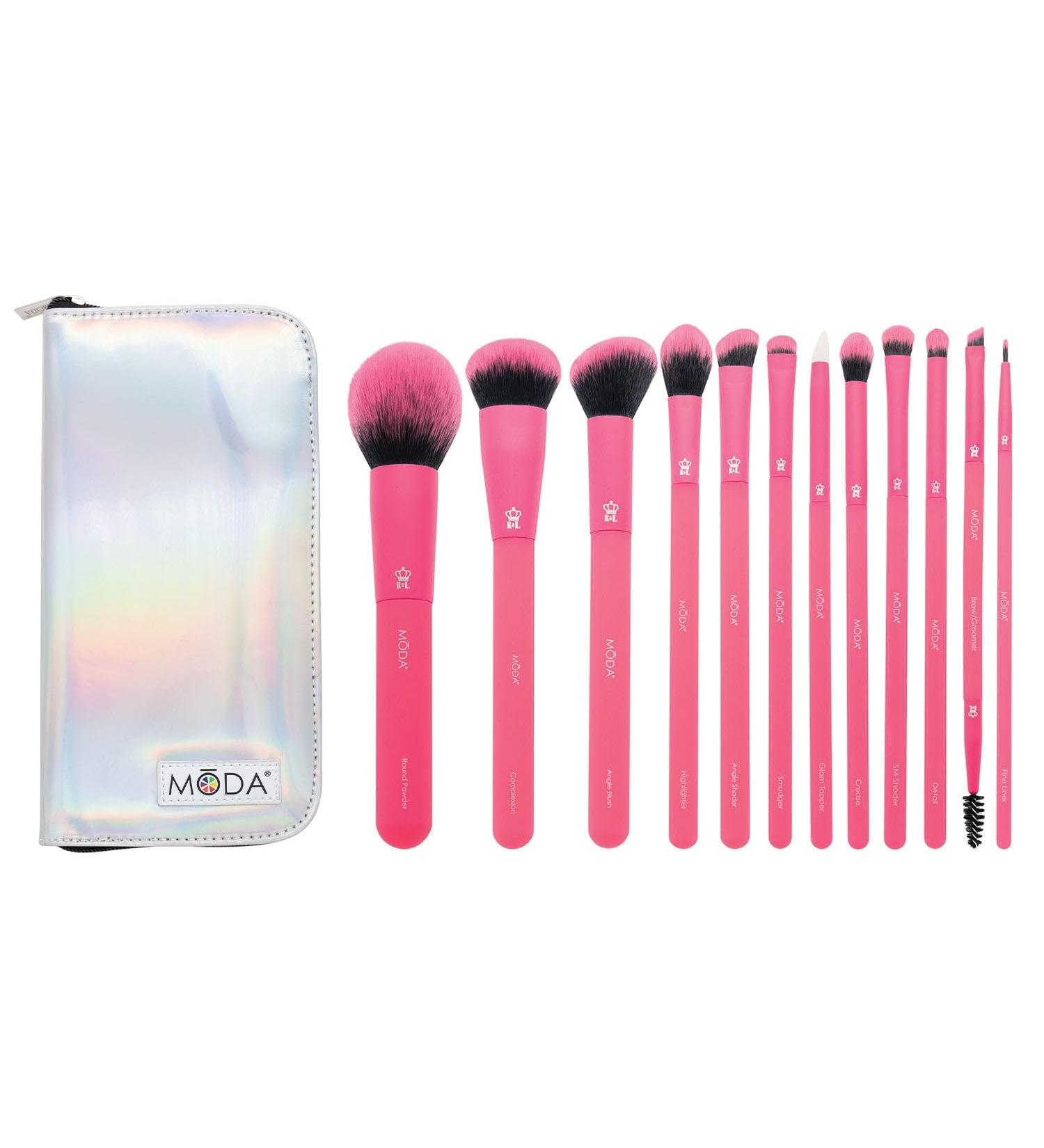 MODA Totally Electric 13pc Full Face Makeup Brush Set - Neon Pink | Powder Blush Shader & More for Flawless Makeup - Buy Online on GoSupps.com