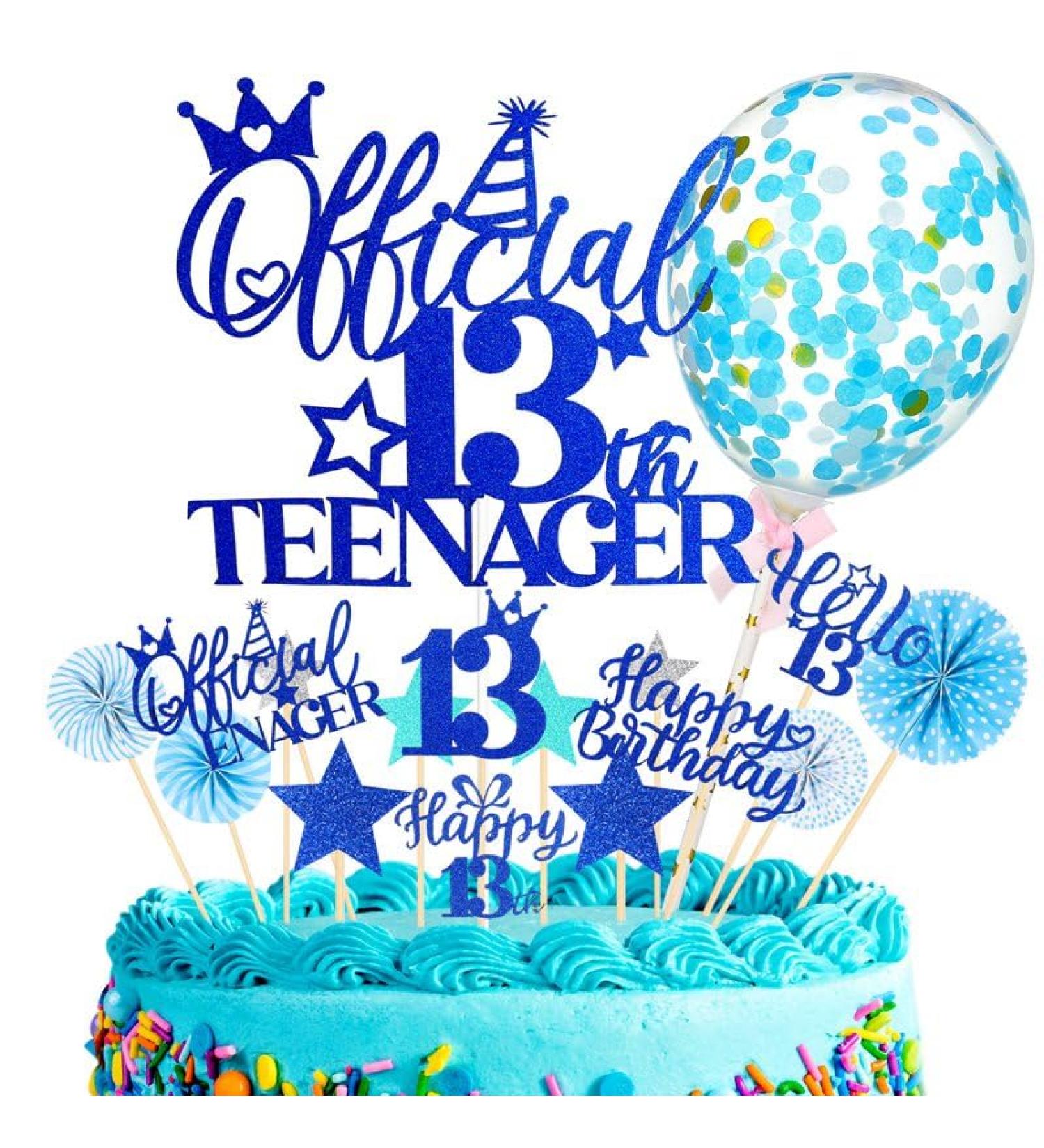 17 Pcs Official 13th Teenager Cake Toppers Giltter Blue Number 13 Pick Cake Decoration Official Teenager Cake Topper with Ballon Cheers to 13 Fabulous Birthday Decoration for 13th Birthday Party - Buy Online on GoSupps.com