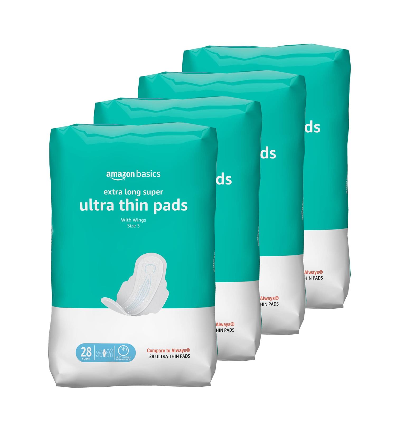 Amazon Basics Ultra Thin Flexi-Wings Pads, Extra Long, Super Absorbency, Unscented - Size 3, 112 Count (4 Packs of 28) - Formerly Solimo - Buy Online on GoSupps.com