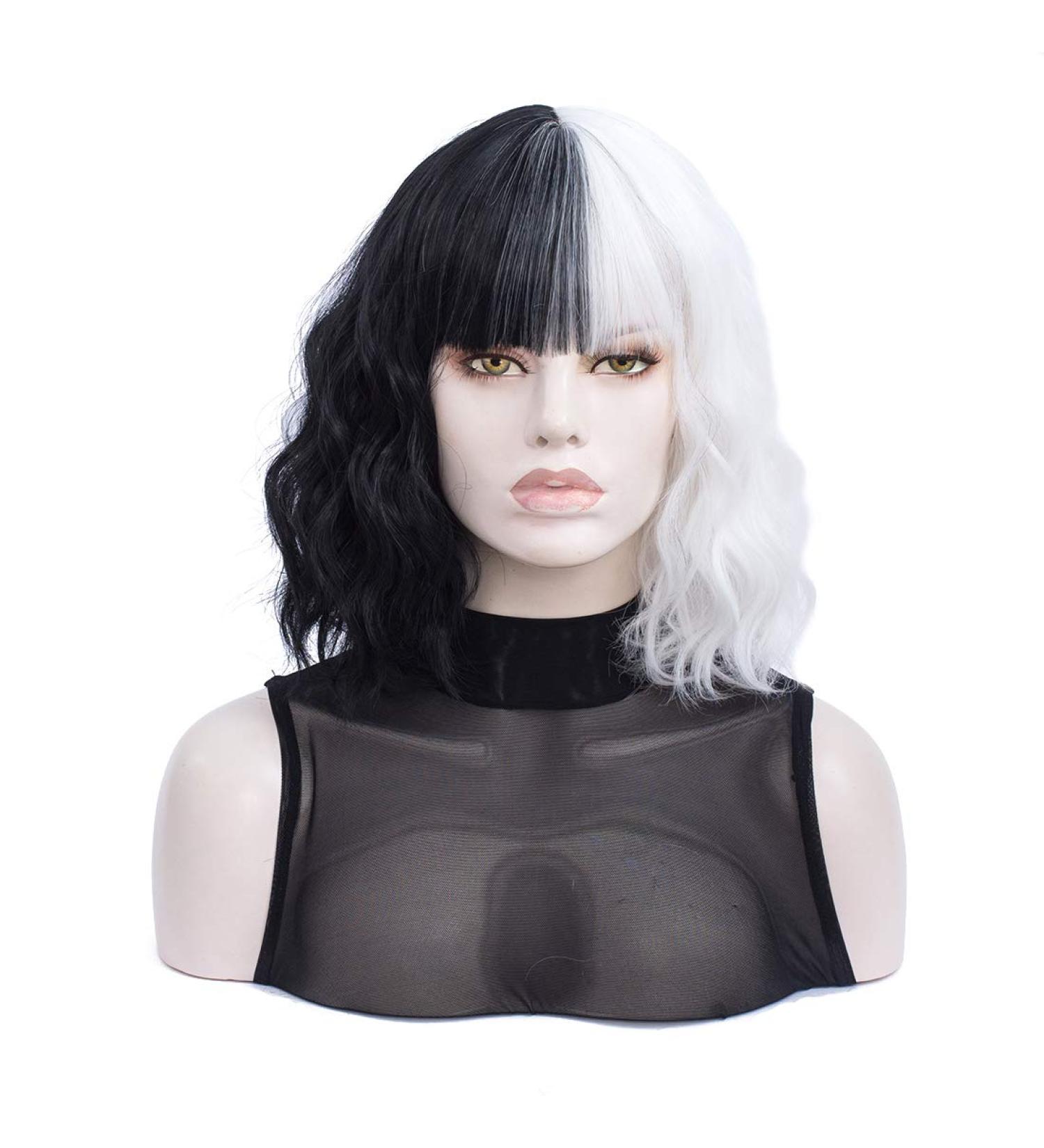 Morticia White & Black Short Curly Wig | Heat-Resistant Synthetic Bob with Full Bangs - Perfect for Women - Buy Online on GoSupps.com
