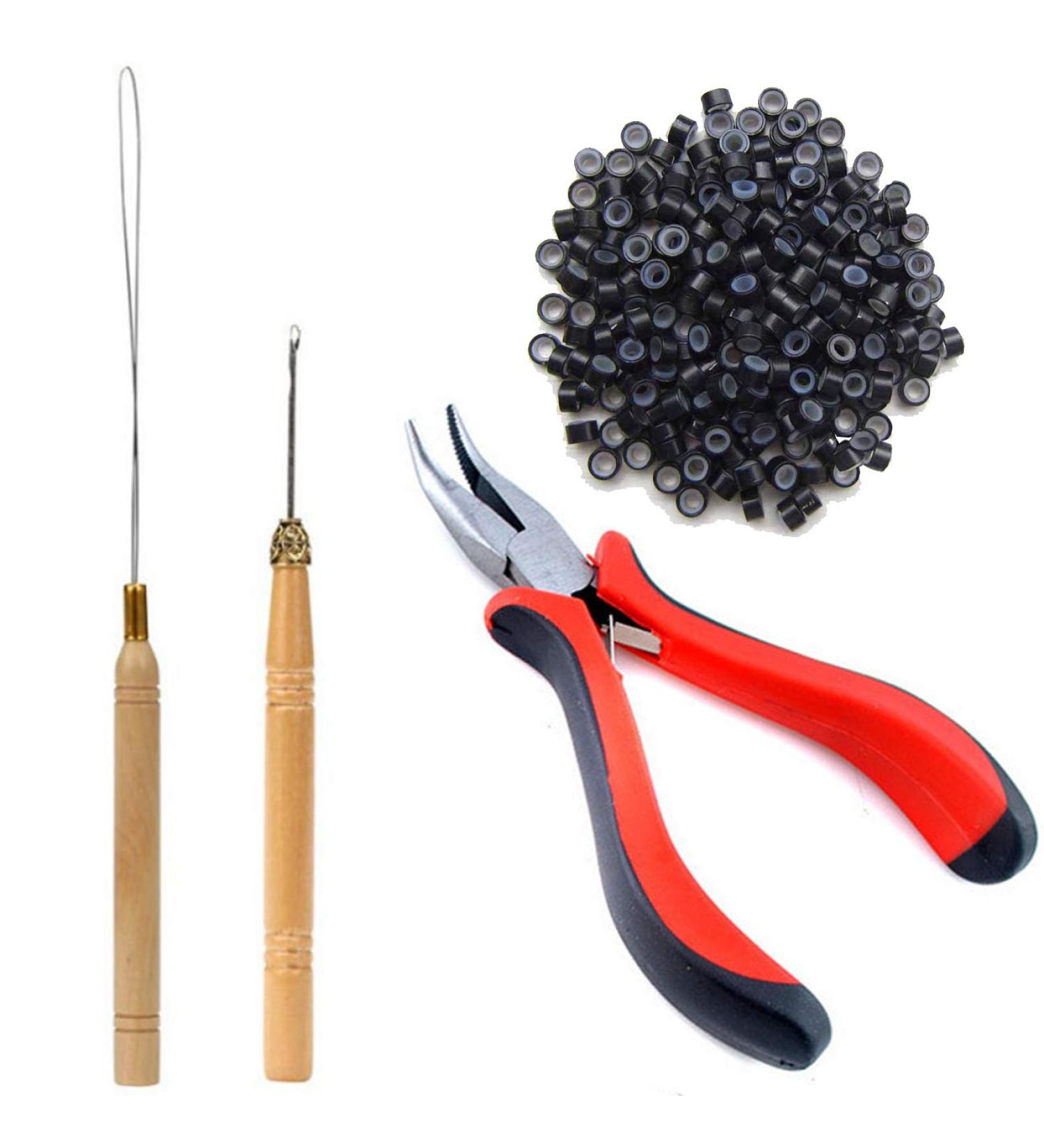 TIHOOD Hair Extension Kit with Pliers, Hook, Bead Device Tool Kits & 200PCS Black Silicone Lined Micro Rings - Buy Online on GoSupps.com