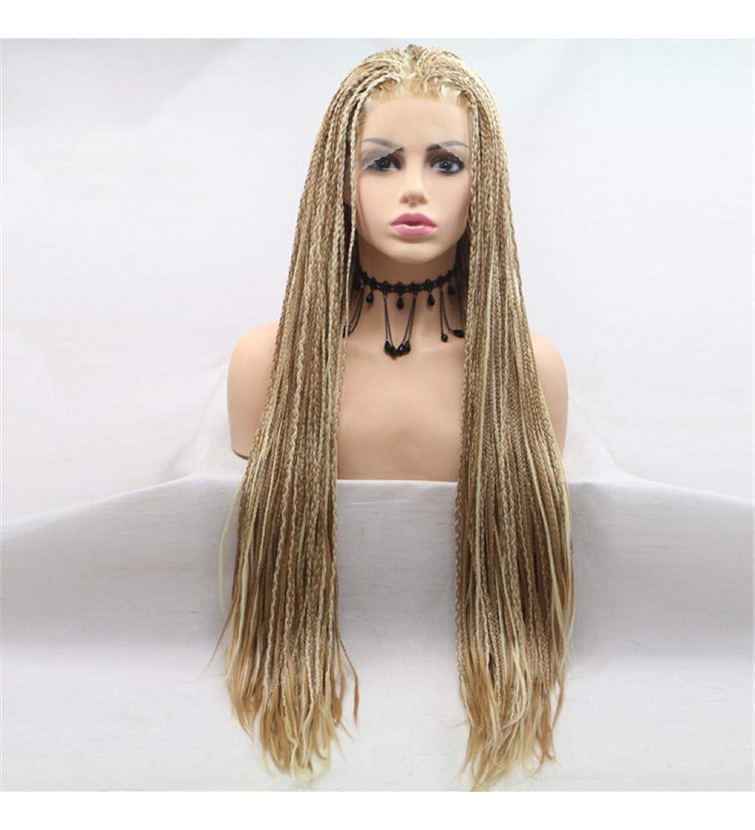 24-Inch Lace Front Synthetic Wig for Black Women - Blonde Micro Braids with Baby Hair - Heat Resistant Box Braids - Buy Online on GoSupps.com