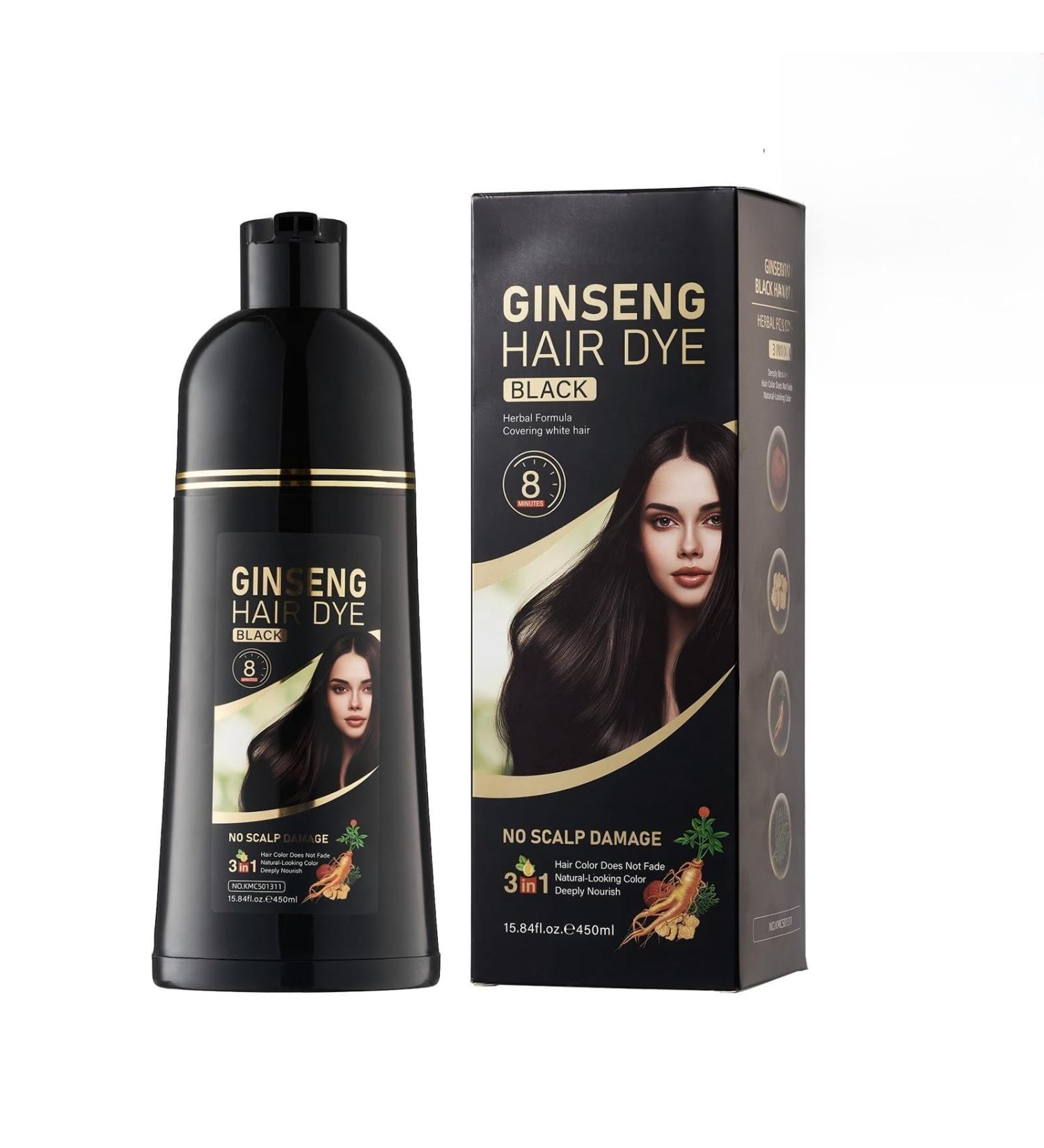 Shampooing de coloration naturelle au ginseng - 450 ml - Avec extrait de ginseng - Doux pour le cuir chevelu - Colorant et nourrissant - Facile utiliser (noir) - Buy Online on GoSupps.com