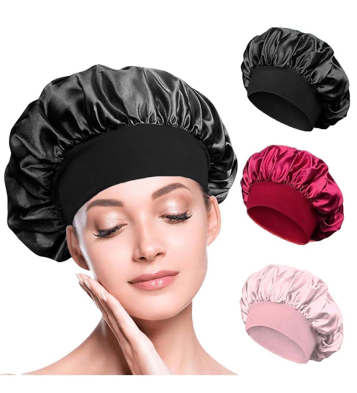 BIZBUY 3 Pack Satin Bonnet Hair Bonnet for Sleeping Night Hair Sleeping Caps with Wide Elastic Band Silk Bonnet is Suitable for Long Straight and Curly Hair. Black+Red+Pink - Buy Online on GoSupps.com