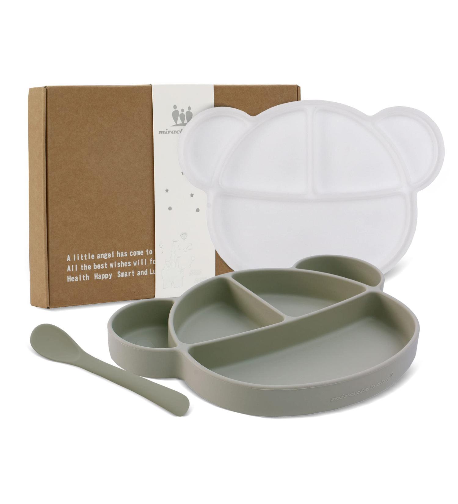 Suction Silicone Baby Plate with Lid, Spoon & Divided Sections - BPA Free & Dishwasher Safe - Toddler Self Feeding Dinnerware Set in Light Green - Buy Online on GoSupps.com