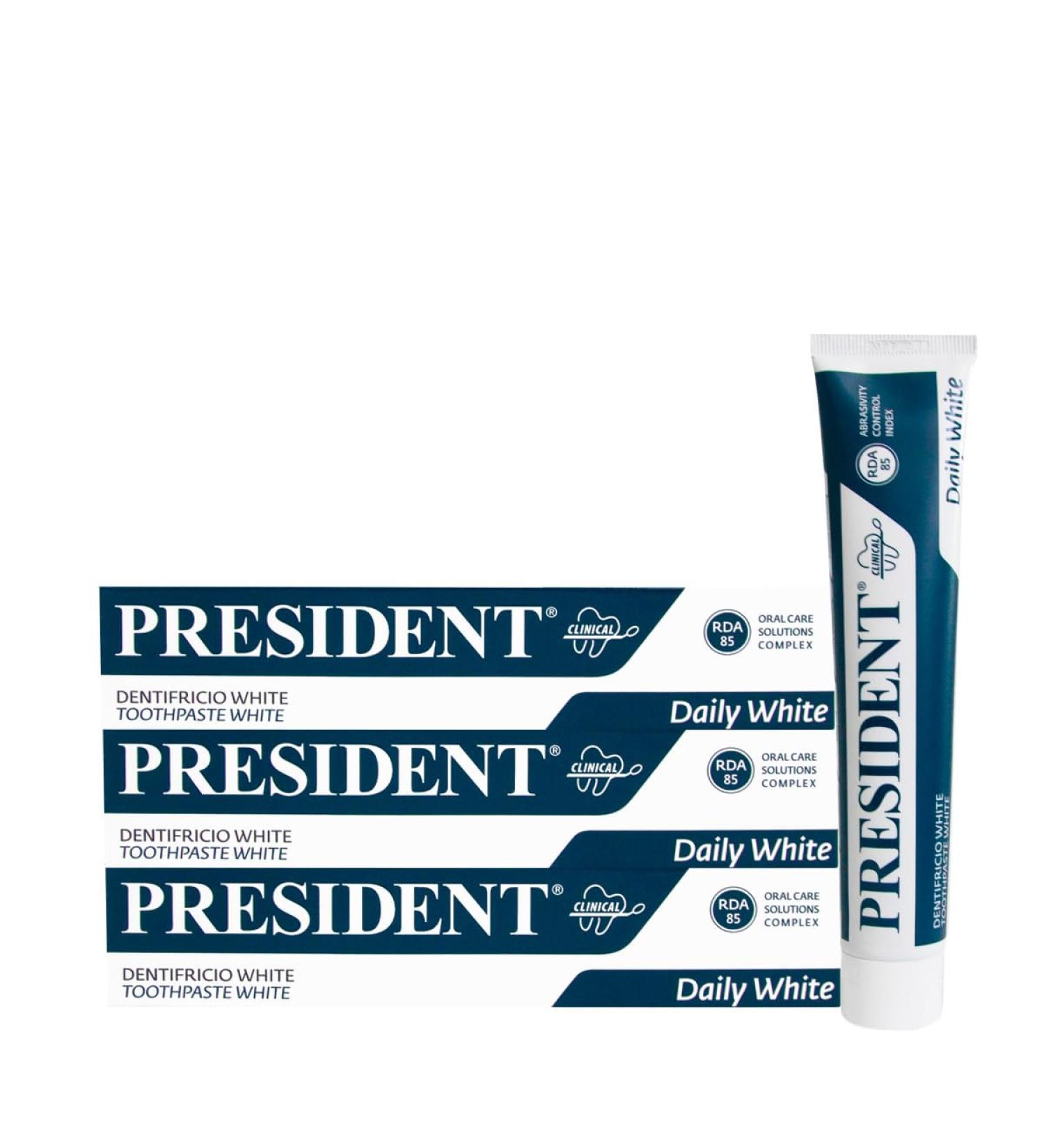  President President 3 x 75 ml White Toothpaste Whitening Anti-Plaque Anti-Scales and Anti-Yellowing of Teeth Refreshing with Piedmontese Mint Aroma RDA 85 - Buy Online on GoSupps.com